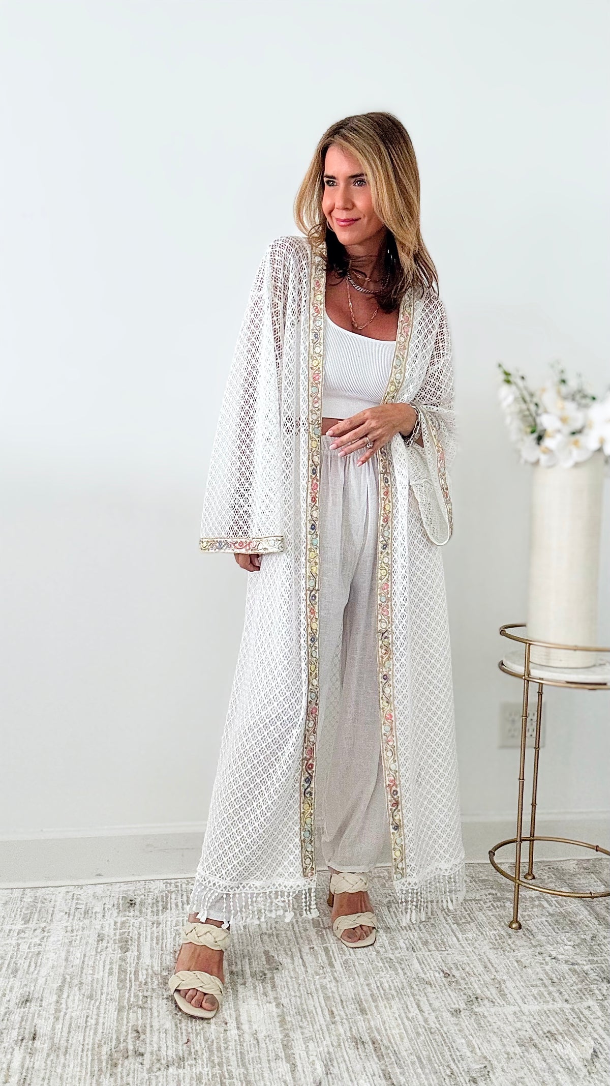 Open Embellished Knit Long Kimono - White-150 Cardigan Layers-original usa-Coastal Bloom Boutique, find the trendiest versions of the popular styles and looks Located in Indialantic, FL