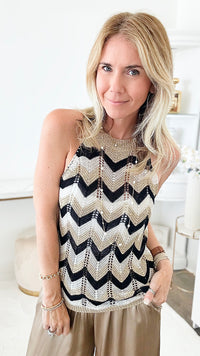 High Neck Italian Chevron Knit - Gold/Black-100 Sleeveless Tops-Germany-Coastal Bloom Boutique, find the trendiest versions of the popular styles and looks Located in Indialantic, FL