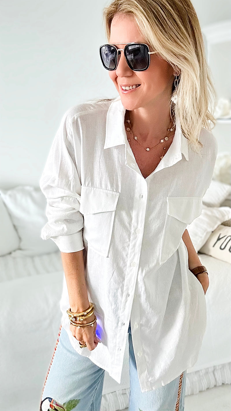 Oversized Double Pocket Blouse - White-130 Long Sleeve Tops-Love Tree Fashion-Coastal Bloom Boutique, find the trendiest versions of the popular styles and looks Located in Indialantic, FL
