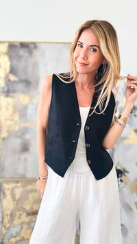 Linen Button Down Vest Top - Black-160 Jackets-LOVE TREE-Coastal Bloom Boutique, find the trendiest versions of the popular styles and looks Located in Indialantic, FL
