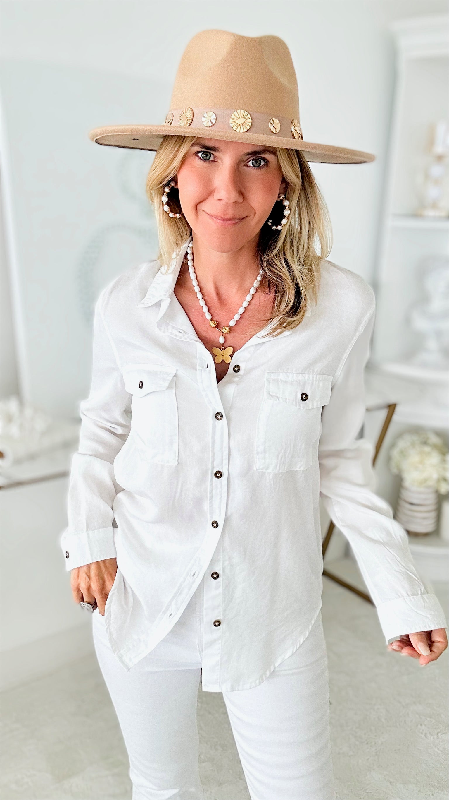 Double Pocket Blouse - White-130 Long Sleeve Tops-Love Tree Fashion-Coastal Bloom Boutique, find the trendiest versions of the popular styles and looks Located in Indialantic, FL