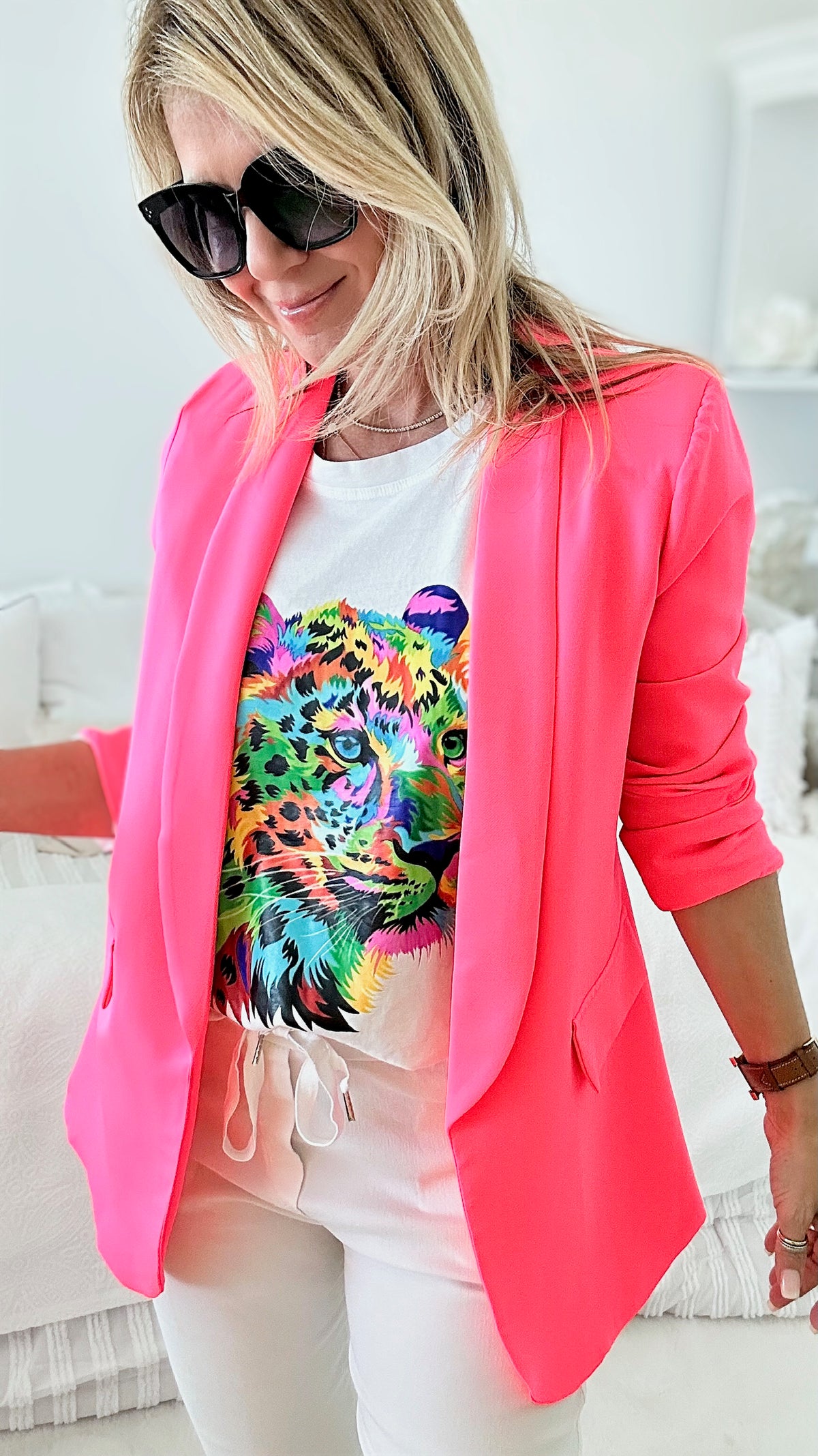 Longline Italian Blazer - Neon Pink-160 Jackets-Venti6 Outlet-Coastal Bloom Boutique, find the trendiest versions of the popular styles and looks Located in Indialantic, FL