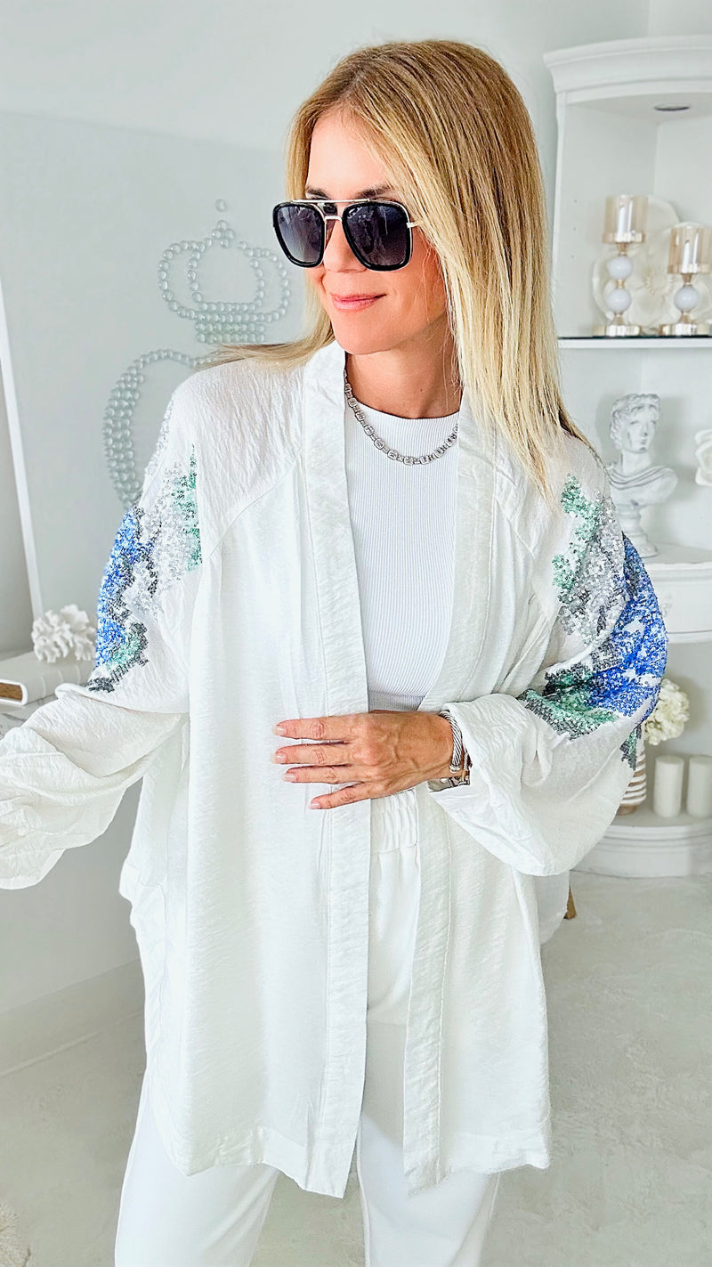 Roses are Blue Sequin Kimono-150 Cardigans/Layers-TOUCHE PRIVE-Coastal Bloom Boutique, find the trendiest versions of the popular styles and looks Located in Indialantic, FL