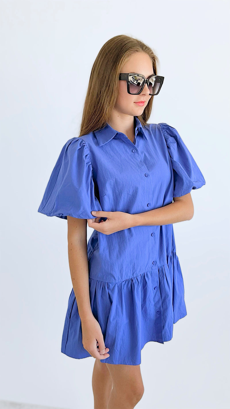 Puff Sleeves Button Down Dress - Periwinkle-200 dresses/jumpsuits/rompers-FSL APPAREL-Coastal Bloom Boutique, find the trendiest versions of the popular styles and looks Located in Indialantic, FL