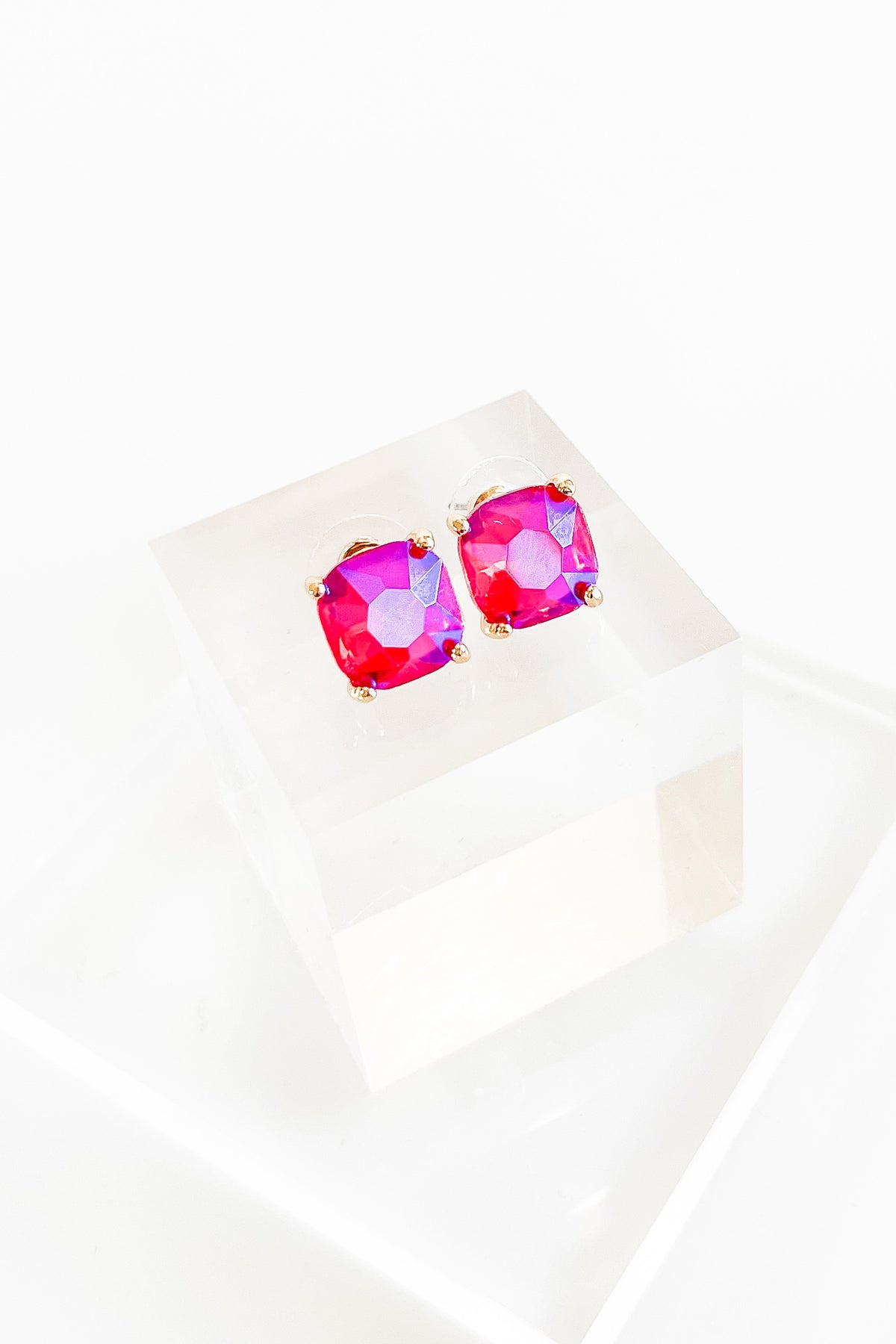Cushion Stone Stud Evening Earrings - Fuchsia-230 Jewelry-NYW-Coastal Bloom Boutique, find the trendiest versions of the popular styles and looks Located in Indialantic, FL