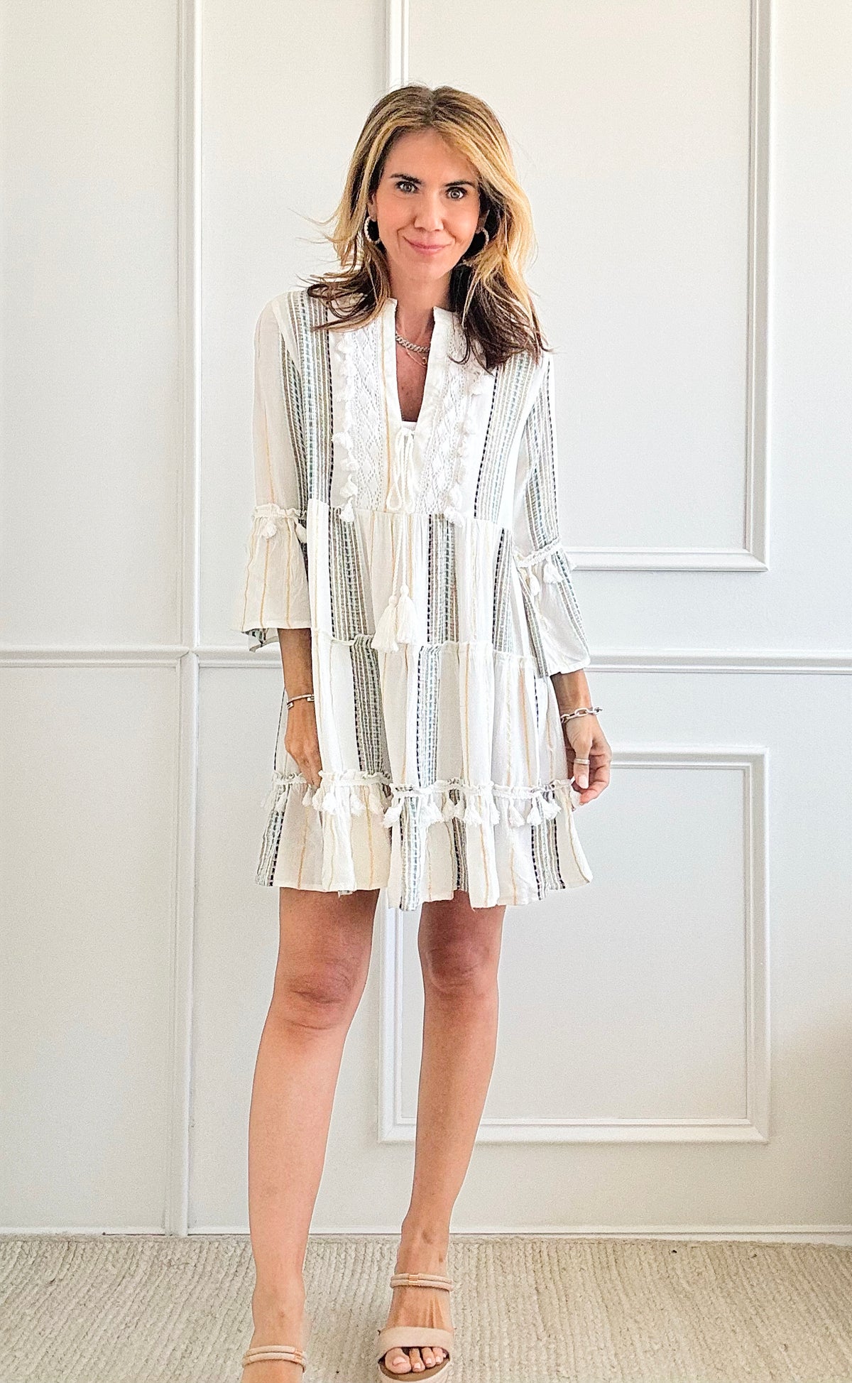 Boho Embellished Open Collar Dress-200 Dresses/Jumpsuits/Rompers-Fashion Fuse-Coastal Bloom Boutique, find the trendiest versions of the popular styles and looks Located in Indialantic, FL