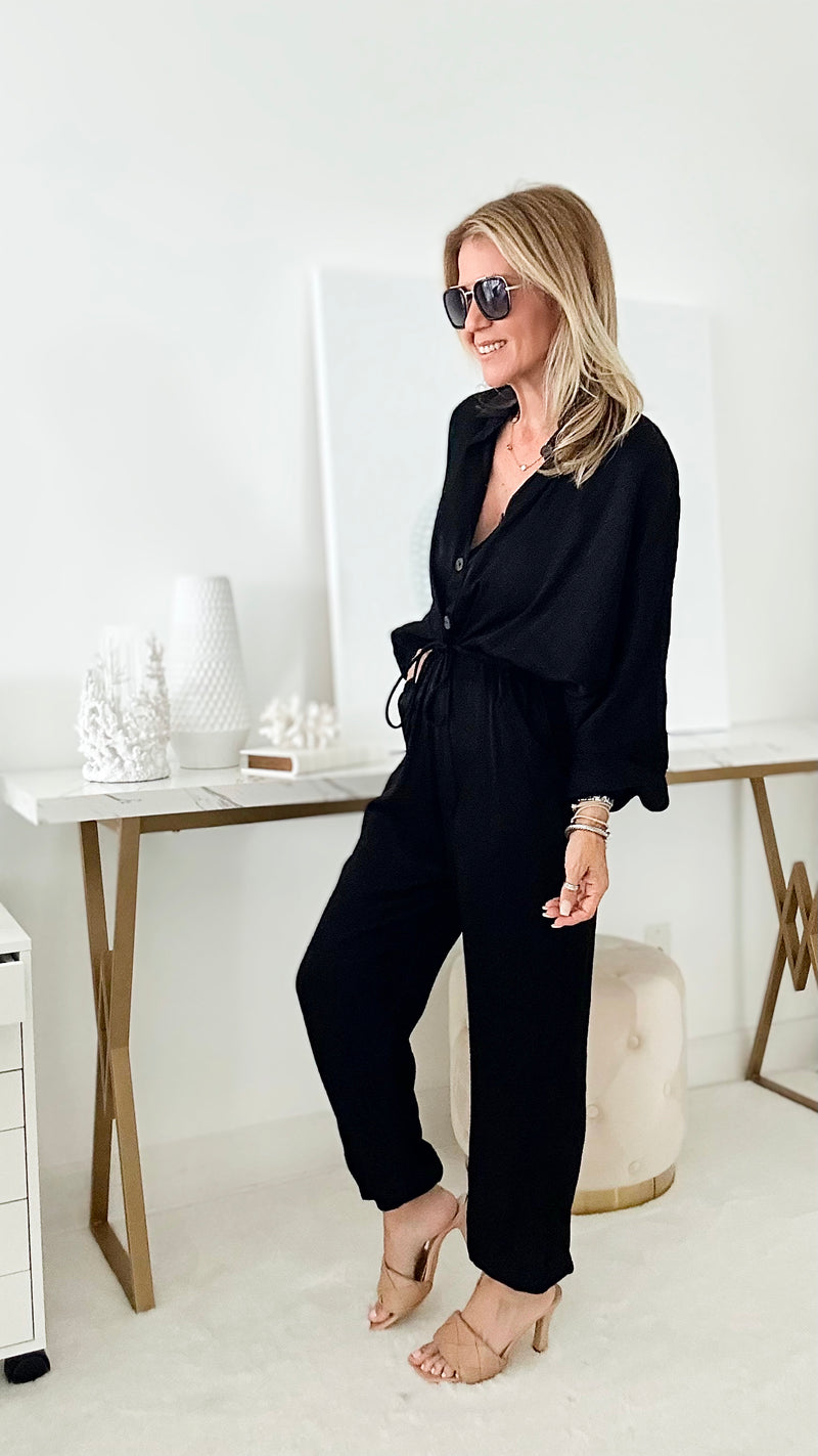 Ready to Go Drawstring Jumpsuit - Black-200 dresses/jumpsuits/rompers-HYFVE-Coastal Bloom Boutique, find the trendiest versions of the popular styles and looks Located in Indialantic, FL