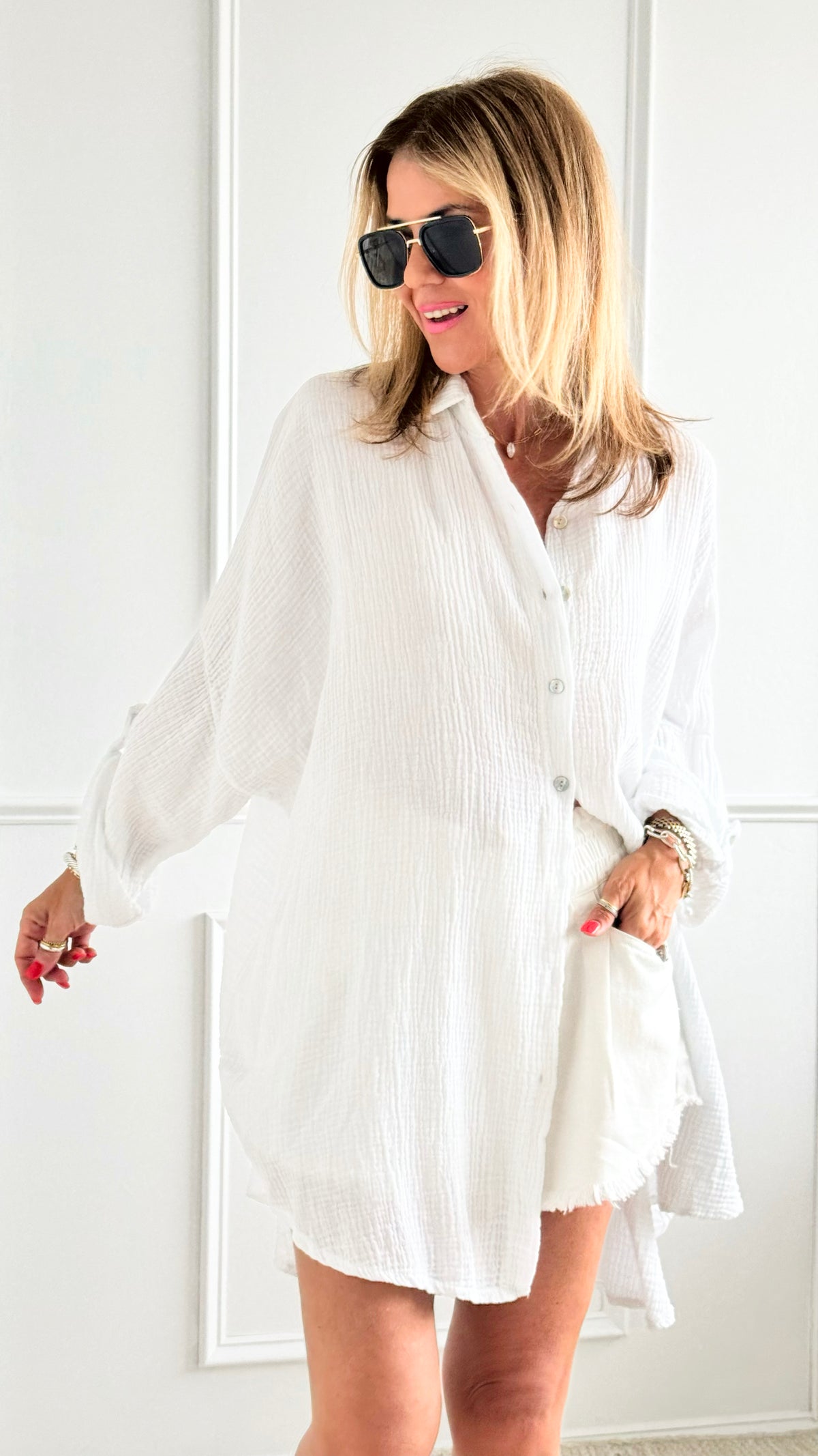 Glimmering Gauze Italian Blouse - White-170 bottoms-Italianissimo-Coastal Bloom Boutique, find the trendiest versions of the popular styles and looks Located in Indialantic, FL