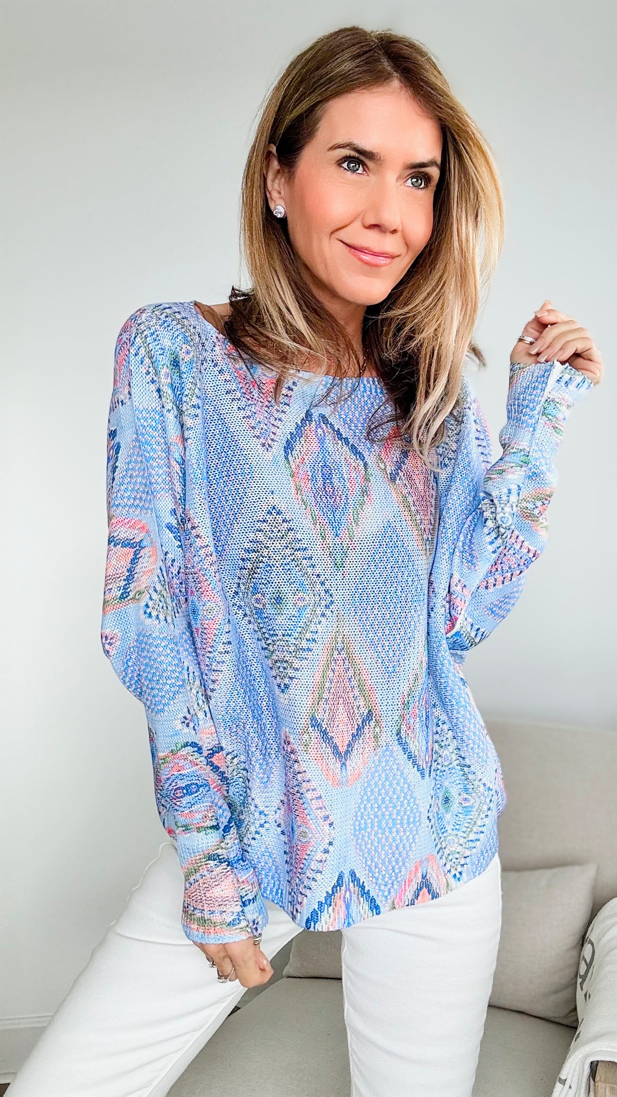Multi Print Italian St Tropez Knit Sweater - Blue-140 Sweaters-Germany-Coastal Bloom Boutique, find the trendiest versions of the popular styles and looks Located in Indialantic, FL