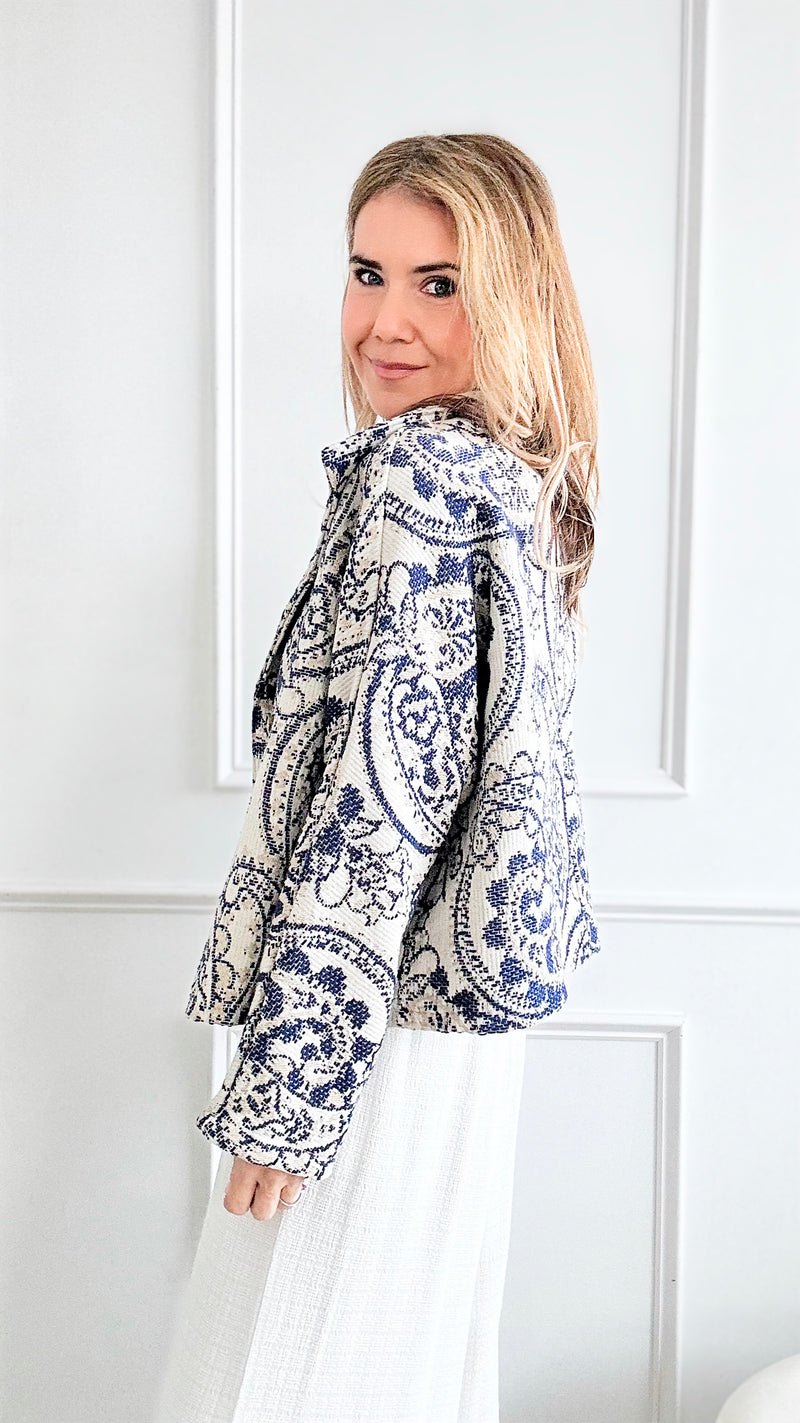 Paisley Print Italian Jacket - Navy/ Beige-160 Jackets-Germany-Coastal Bloom Boutique, find the trendiest versions of the popular styles and looks Located in Indialantic, FL