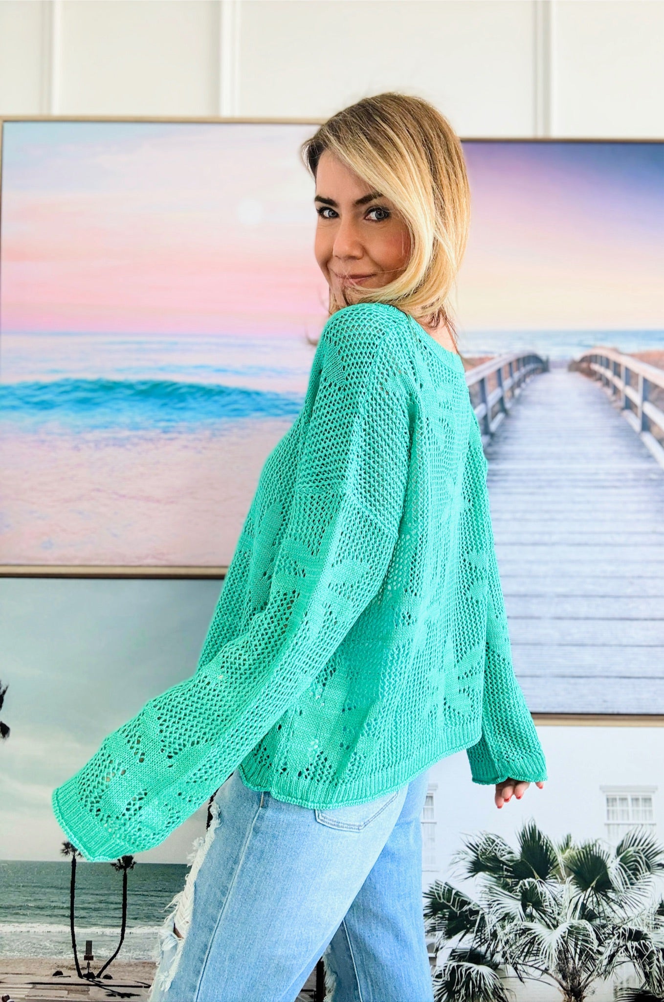 Flower Lightweight Knit Sweater - Green-140 Sweaters-Miracle-Coastal Bloom Boutique, find the trendiest versions of the popular styles and looks Located in Indialantic, FL