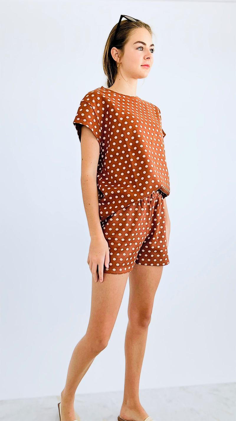 Polka Dot Taylor Shorts - Rust-170 Bottoms-SEE AND BE SEEN-Coastal Bloom Boutique, find the trendiest versions of the popular styles and looks Located in Indialantic, FL