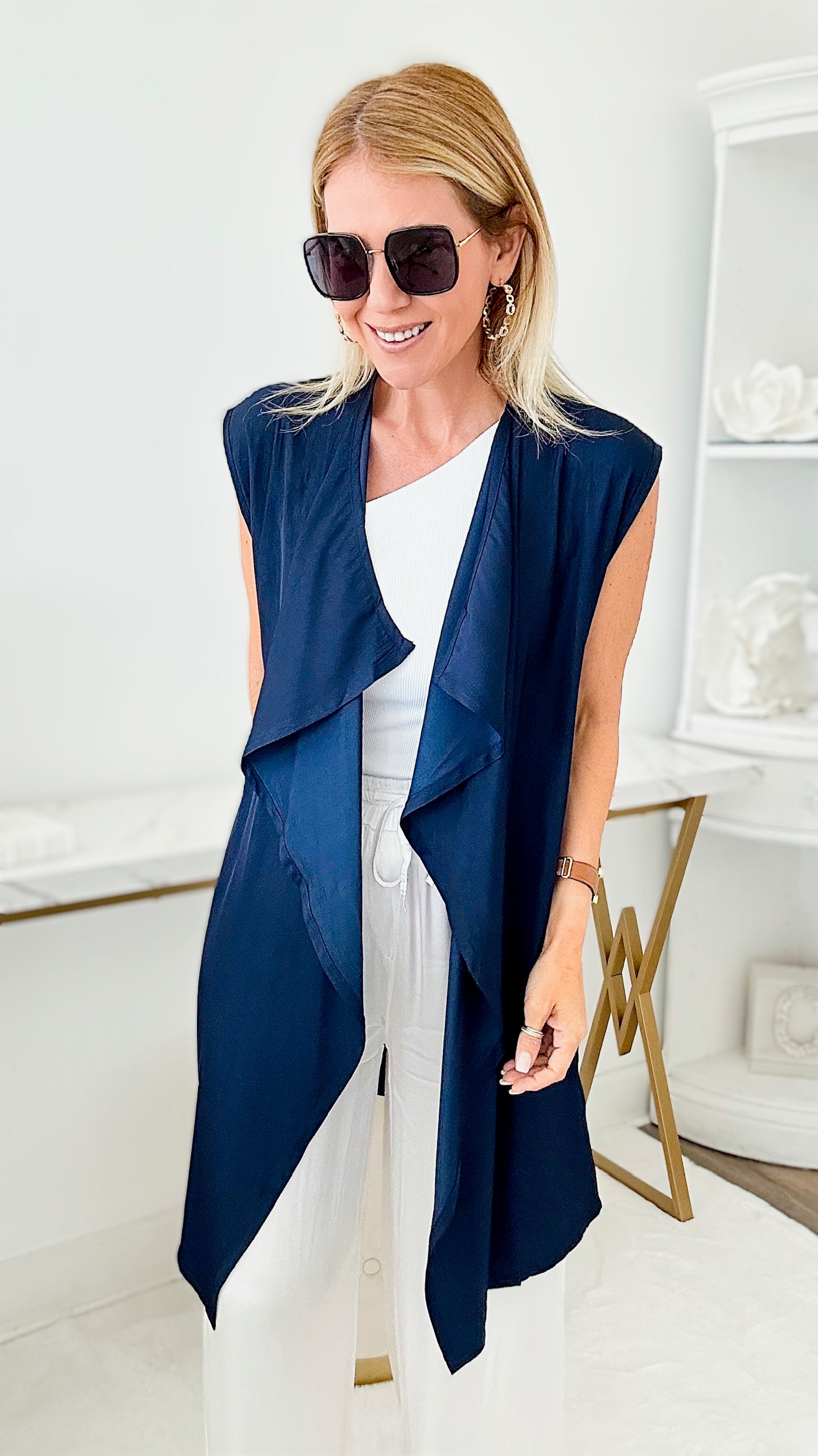 Waterfall Lapel Satin Vest - Navy-150 Cardigans/Layers-Wona-Coastal Bloom Boutique, find the trendiest versions of the popular styles and looks Located in Indialantic, FL