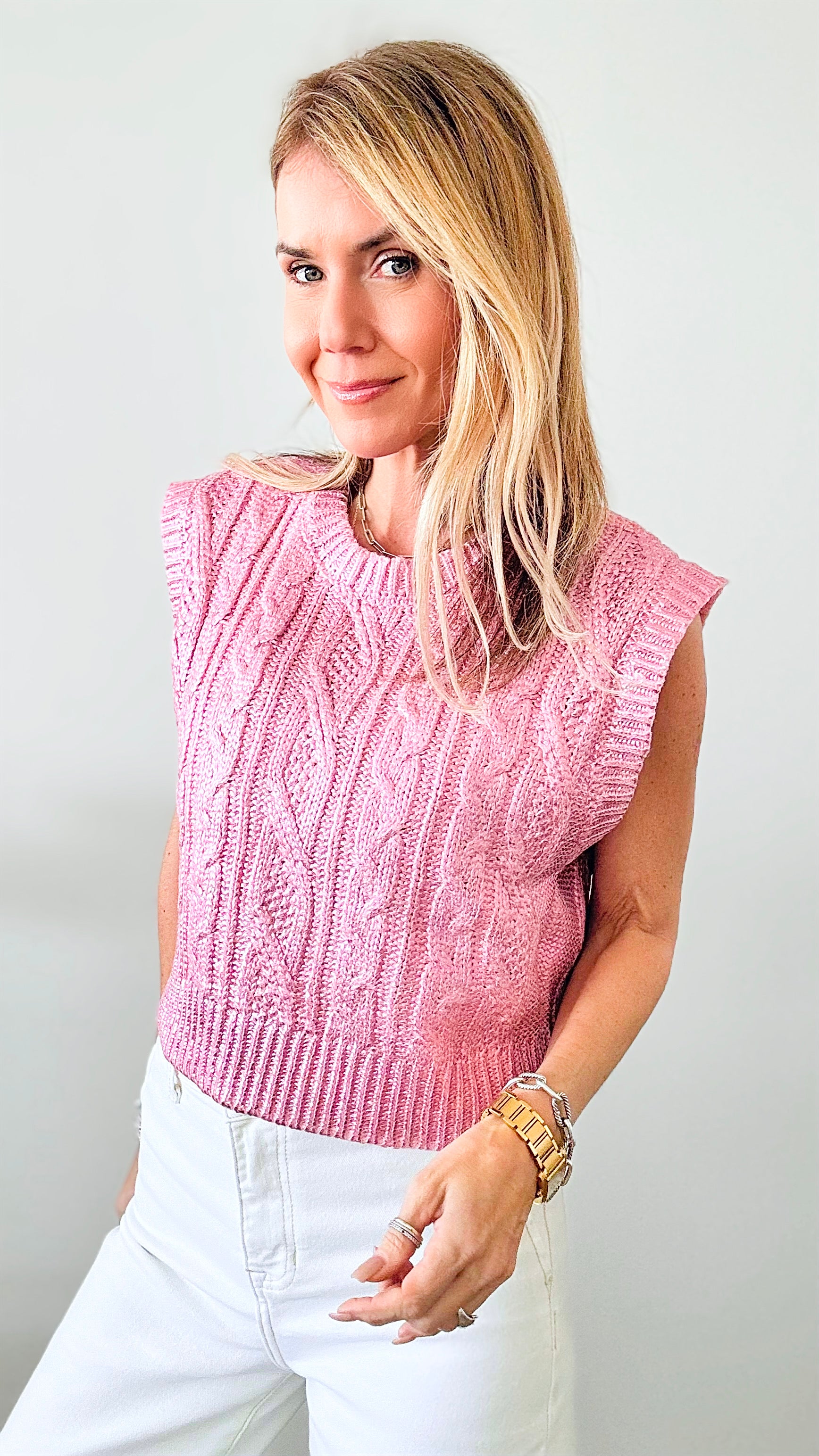 Cable Knit Metallic Top - Pink-100 Sleeveless Tops-she+sky-Coastal Bloom Boutique, find the trendiest versions of the popular styles and looks Located in Indialantic, FL