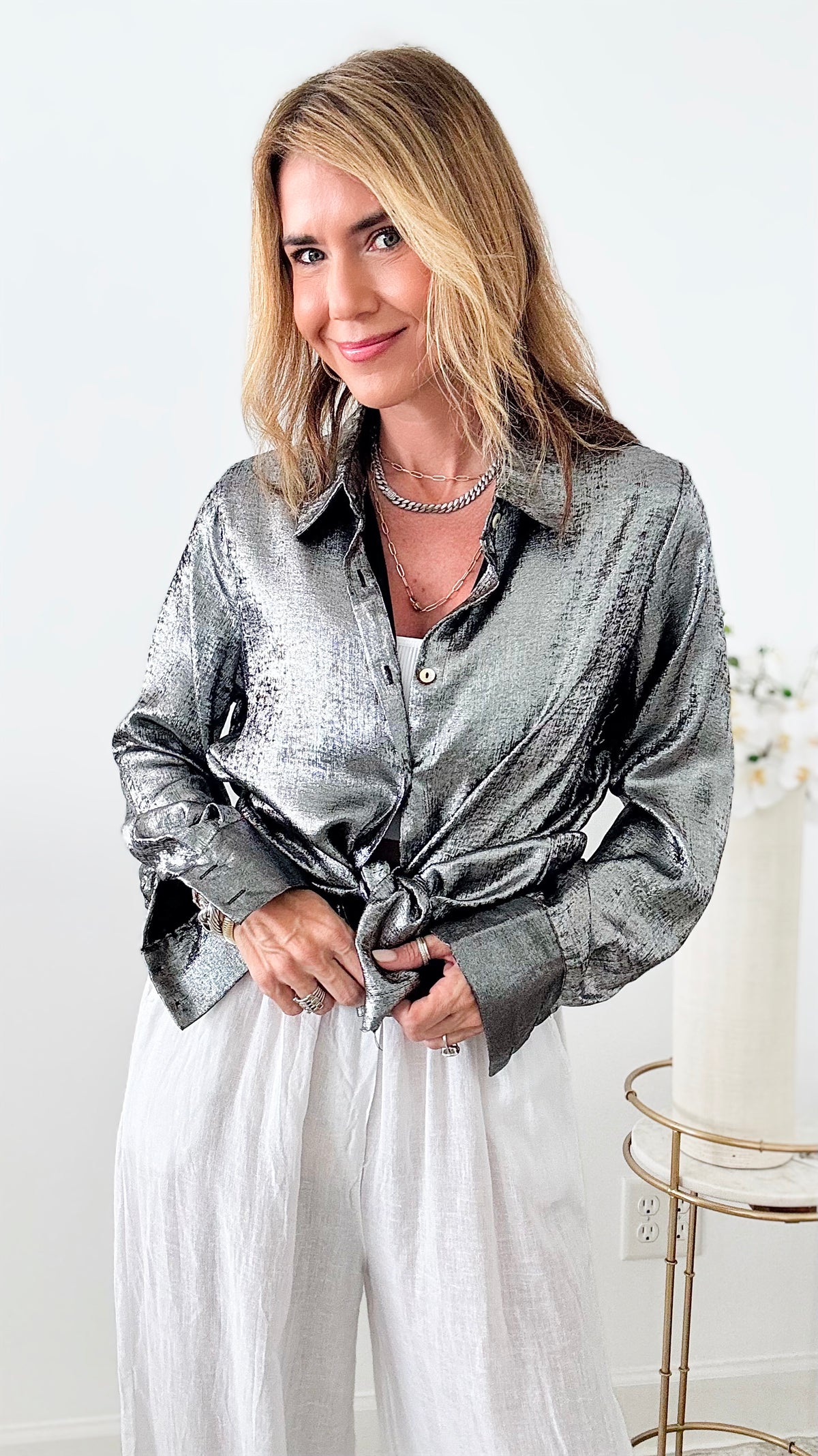 Metallic Long Sleeve Collared Blouse - Black-130 Long Sleeve Tops-original usa-Coastal Bloom Boutique, find the trendiest versions of the popular styles and looks Located in Indialantic, FL