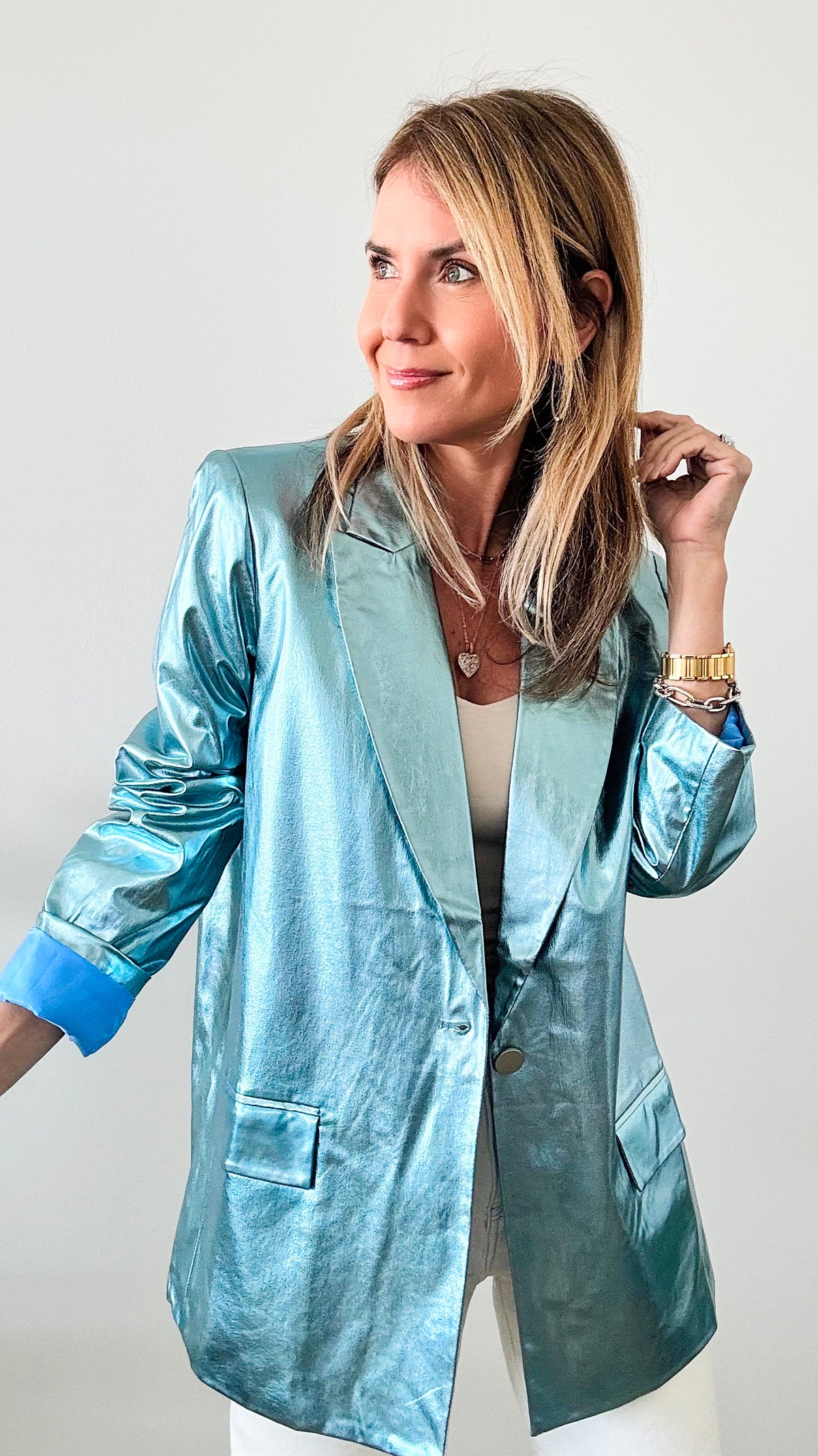 Iconic Button Closure Pleather Blazer-160 Jackets-Rousseau-Coastal Bloom Boutique, find the trendiest versions of the popular styles and looks Located in Indialantic, FL