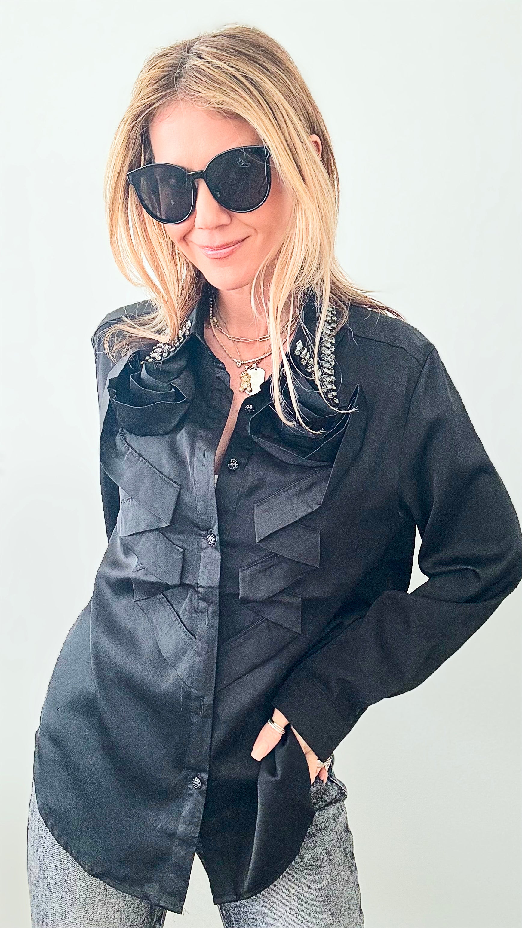 Collar Diamond Embellished Blouse- Black-160 Jackets-JJ's Fairyland-Coastal Bloom Boutique, find the trendiest versions of the popular styles and looks Located in Indialantic, FL