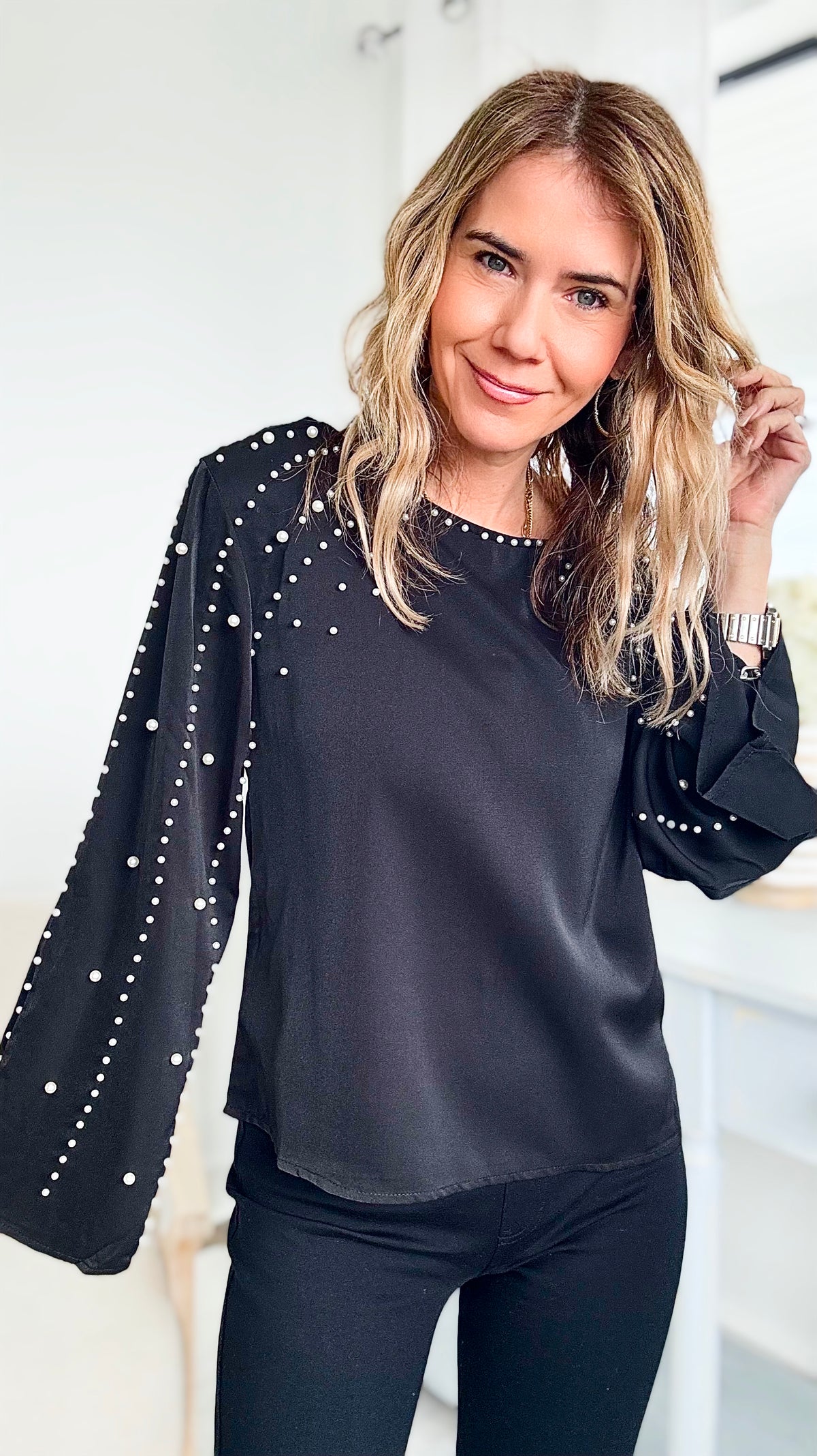 Pearl Detailed Bell Sleeve Blouse - Black-130 Long Sleeve Tops-Rousseau-Coastal Bloom Boutique, find the trendiest versions of the popular styles and looks Located in Indialantic, FL