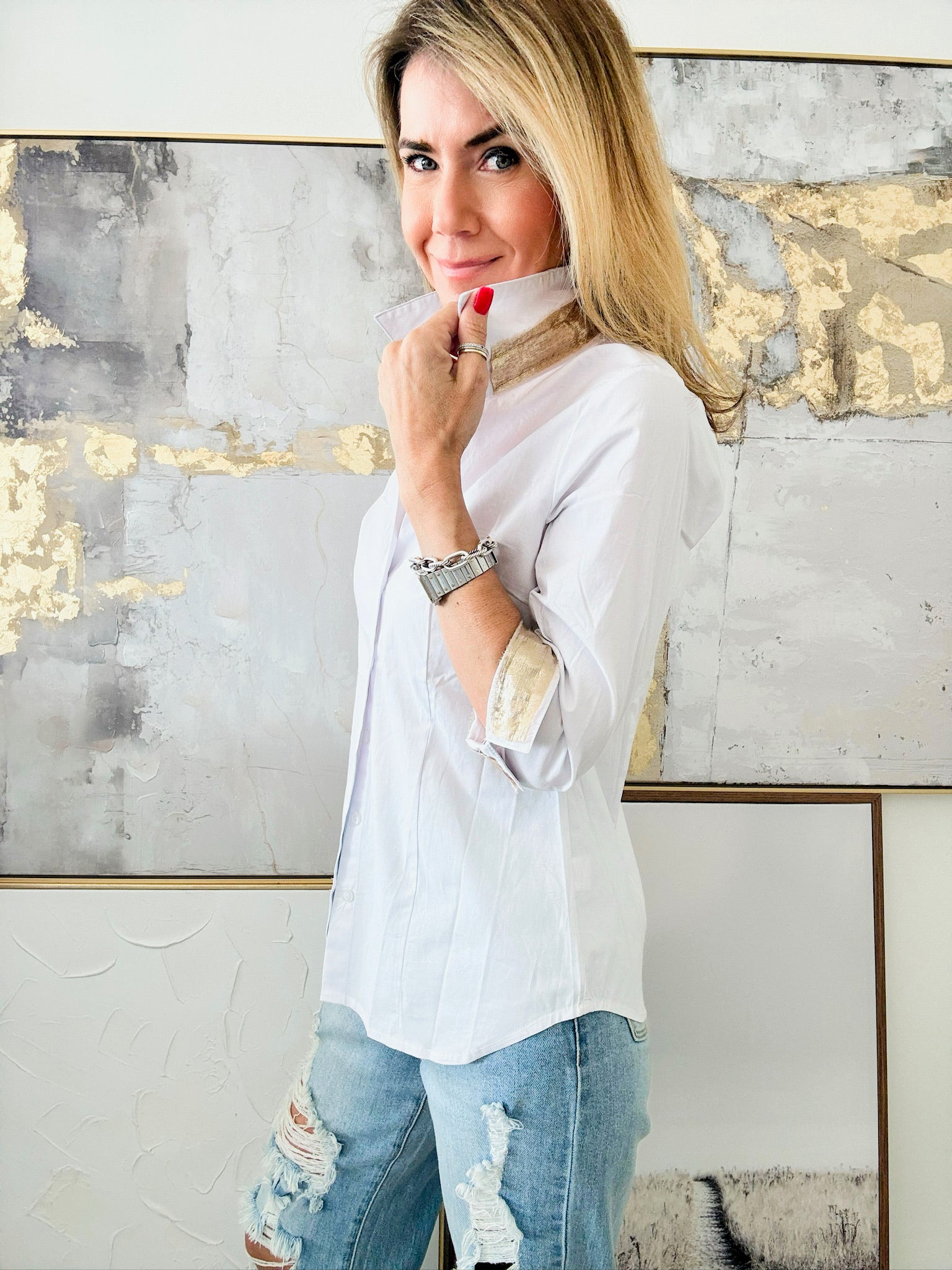 CB Custom - Metallic Ribbon Trim Blouse-130 Long Sleeve Tops-Holly-Coastal Bloom Boutique, find the trendiest versions of the popular styles and looks Located in Indialantic, FL