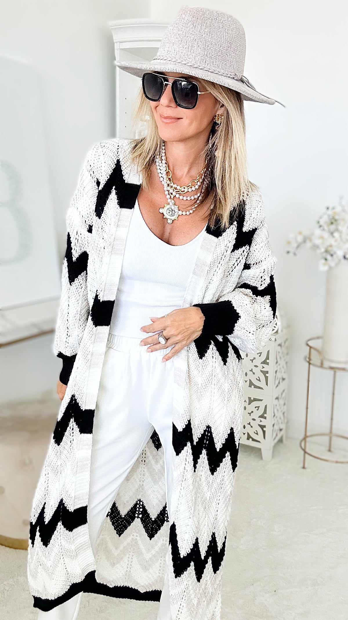 Chevron Italian Long Knit Cardigan - Black-150 Cardigans/Layers-Yolly-Coastal Bloom Boutique, find the trendiest versions of the popular styles and looks Located in Indialantic, FL