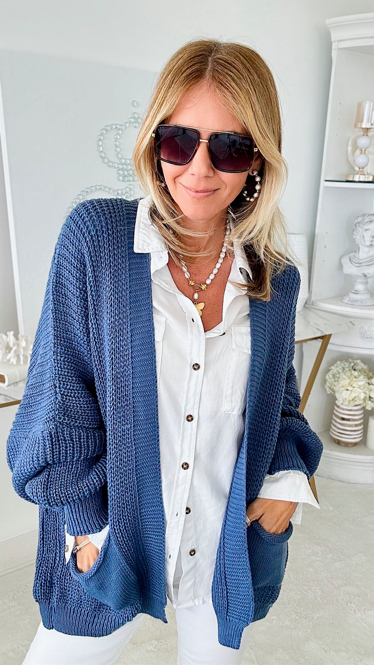 Sugar High Italian Cardigan - Denim Blue-150 Cardigans/Layers-Yolly-Coastal Bloom Boutique, find the trendiest versions of the popular styles and looks Located in Indialantic, FL