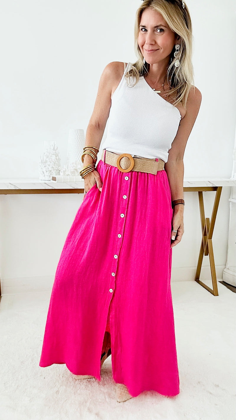 Belted Italian Linen Midi Button Skirt - Fuchsia-170 Bottoms-Germany-Coastal Bloom Boutique, find the trendiest versions of the popular styles and looks Located in Indialantic, FL