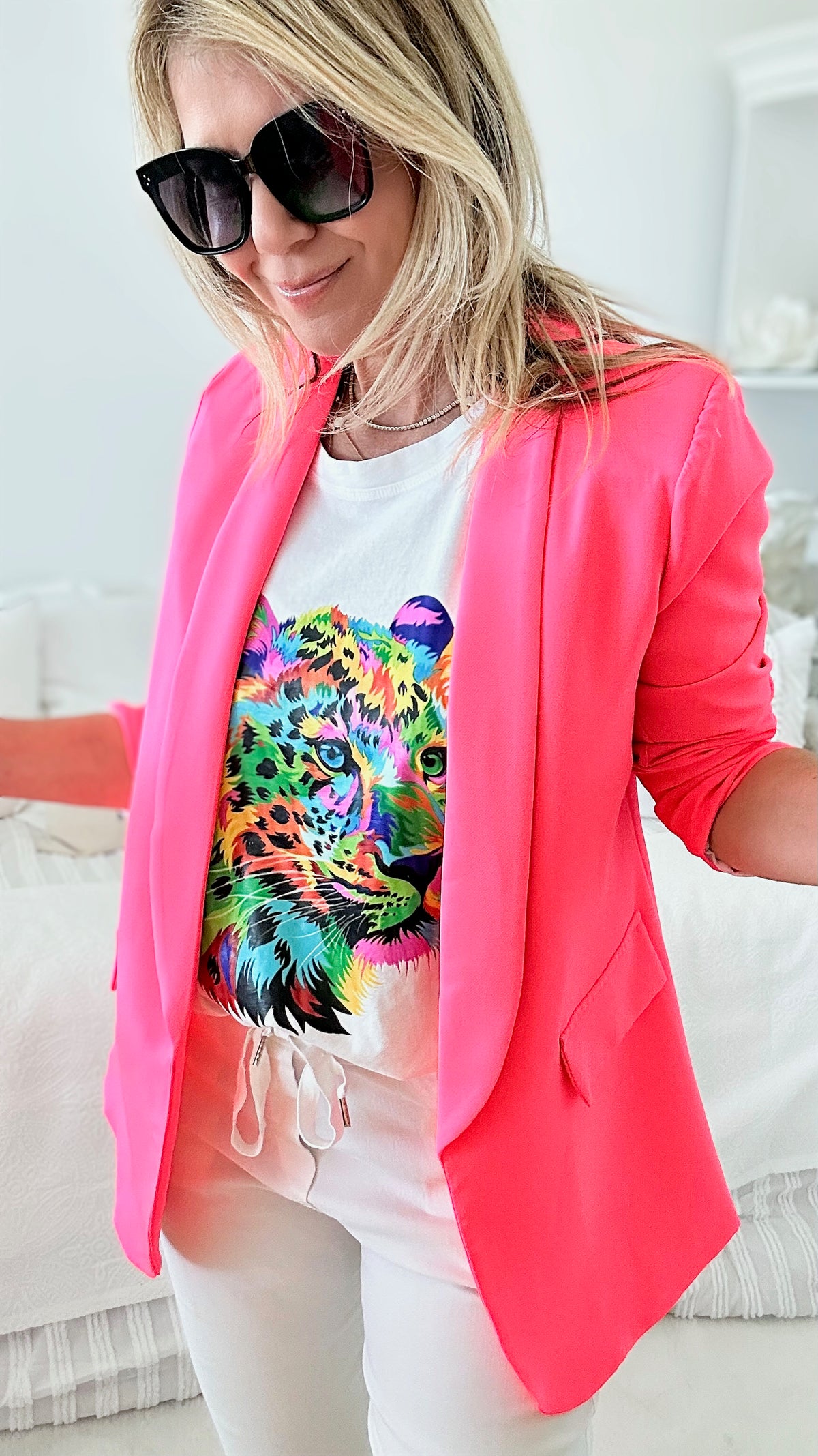 Longline Italian Blazer - Neon Pink-160 Jackets-Venti6 Outlet-Coastal Bloom Boutique, find the trendiest versions of the popular styles and looks Located in Indialantic, FL