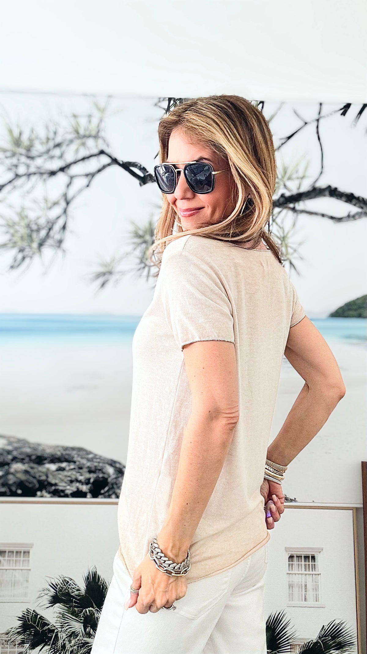 Recoleta Short Sleeve Italian Top - Beige-110 Short Sleeve Tops-Yolly-Coastal Bloom Boutique, find the trendiest versions of the popular styles and looks Located in Indialantic, FL