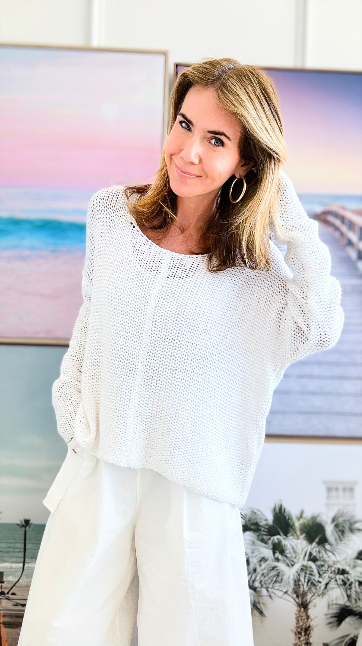 Long Sleeve V-Neck Soft Cable Knit Sweater - White-140 Sweaters-Miracle-Coastal Bloom Boutique, find the trendiest versions of the popular styles and looks Located in Indialantic, FL