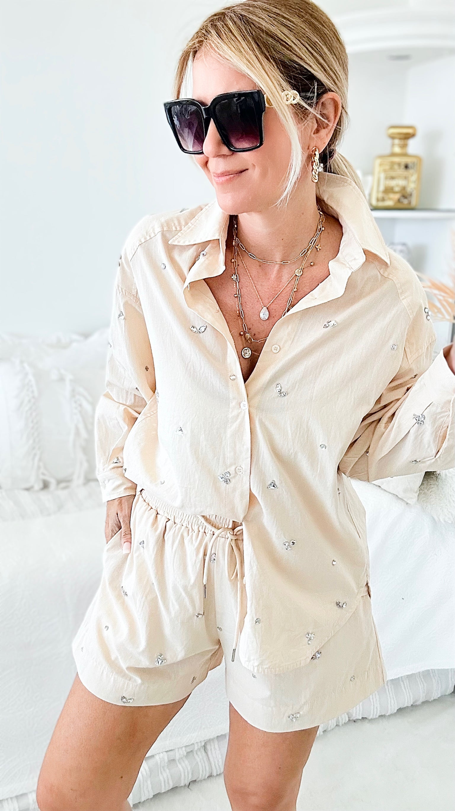 Girl Power Blouse Shorts Set - Beige-130 Long Sleeve Tops-BLUE B-Coastal Bloom Boutique, find the trendiest versions of the popular styles and looks Located in Indialantic, FL