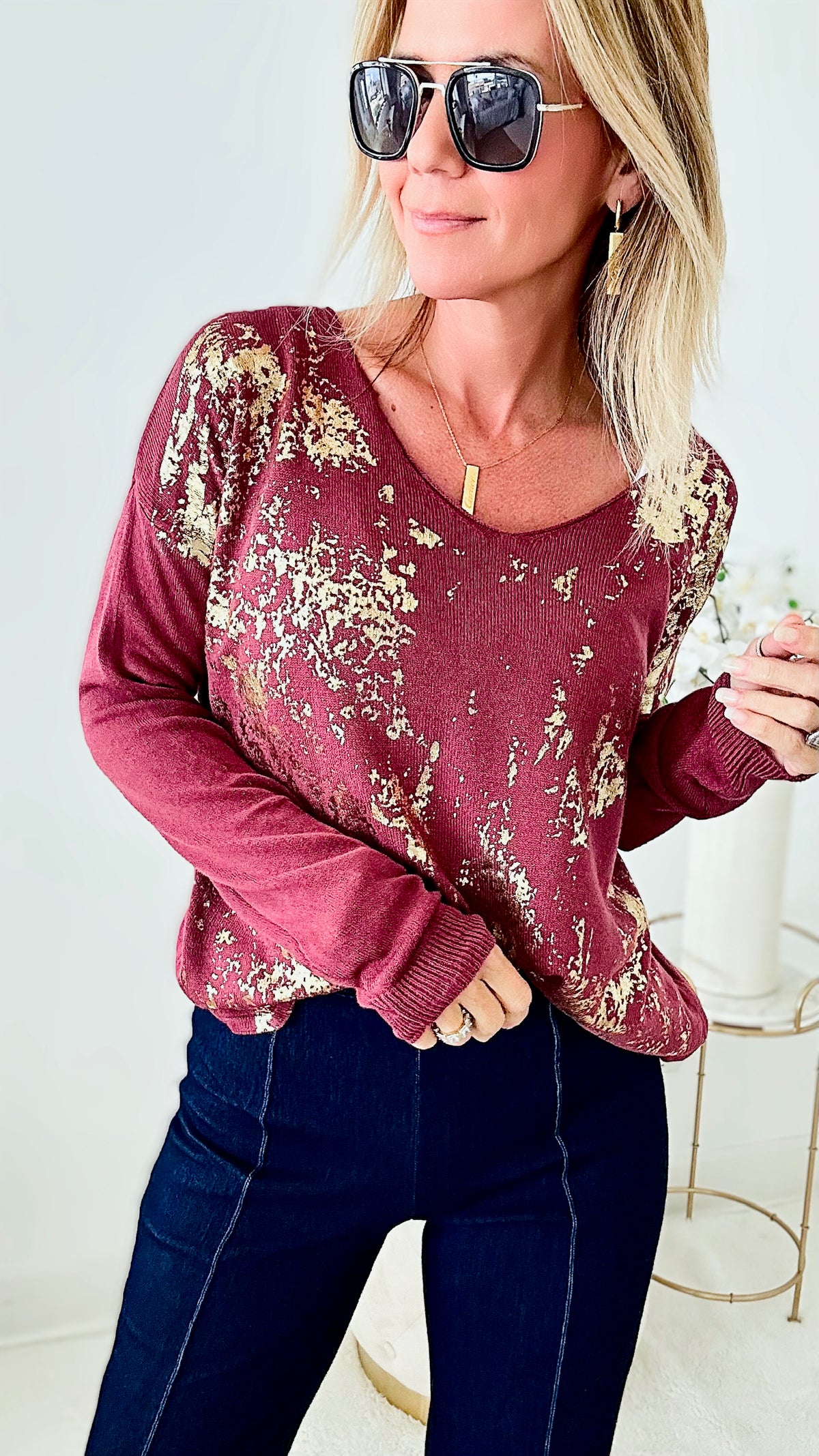 Gold Foil V-Neck Italian Sweater - Wine-140 Sweaters-Look Mode-Coastal Bloom Boutique, find the trendiest versions of the popular styles and looks Located in Indialantic, FL