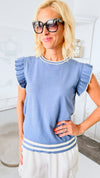 Varsity Ruffle Sweater Vest - Denim-100 Sleeveless Tops-BIBI-Coastal Bloom Boutique, find the trendiest versions of the popular styles and looks Located in Indialantic, FL