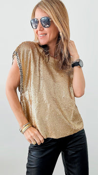 Chained Sequins Short Sleeves Top - Gold-110 Short Sleeve Tops-Vocal-Coastal Bloom Boutique, find the trendiest versions of the popular styles and looks Located in Indialantic, FL