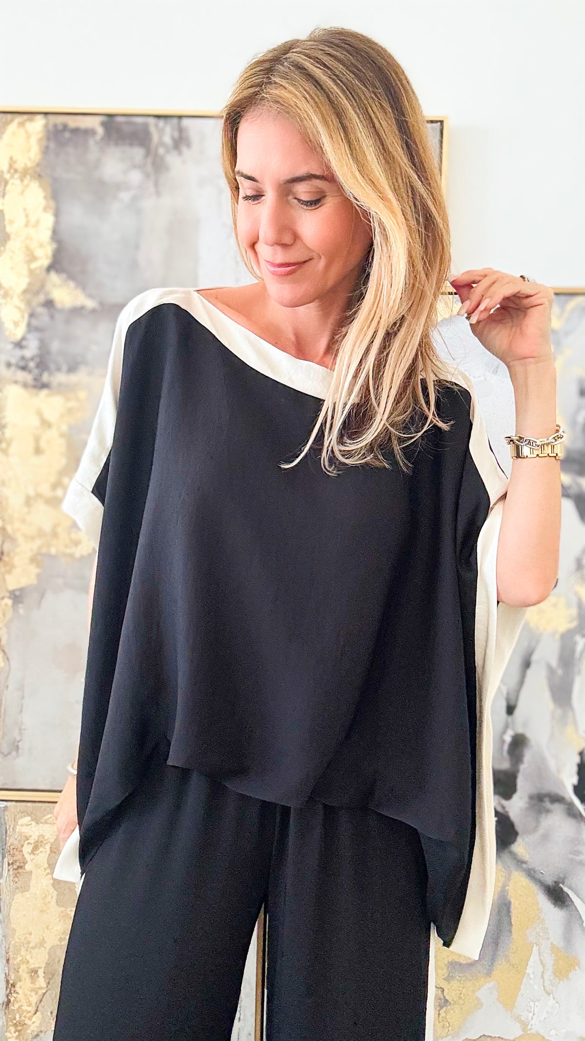 Contrast Band Blouse Top - Black-130 Long Sleeve Tops-TYCHE-Coastal Bloom Boutique, find the trendiest versions of the popular styles and looks Located in Indialantic, FL