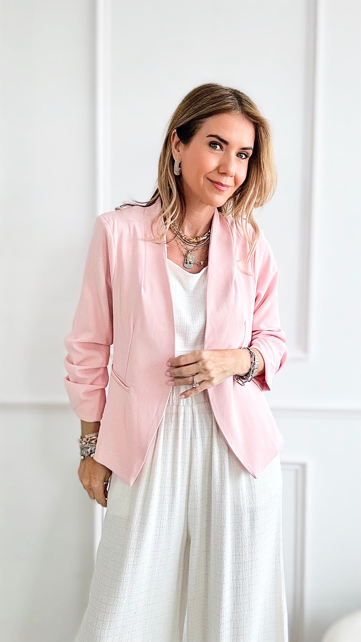 Ruched Sleeve Blazer-Blush-160 Jackets-HYFVE-Coastal Bloom Boutique, find the trendiest versions of the popular styles and looks Located in Indialantic, FL