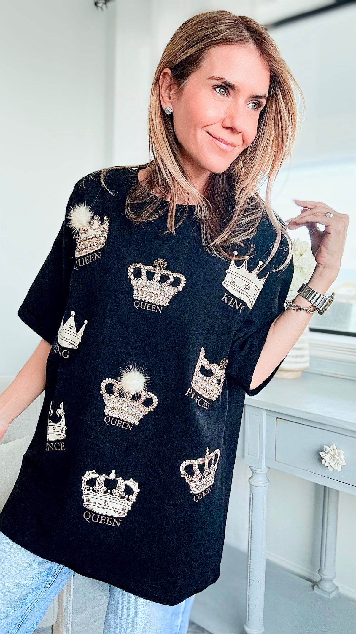 Royalty Rhinestone T-Shirt-110 Short Sleeve Tops-CBALY-Coastal Bloom Boutique, find the trendiest versions of the popular styles and looks Located in Indialantic, FL