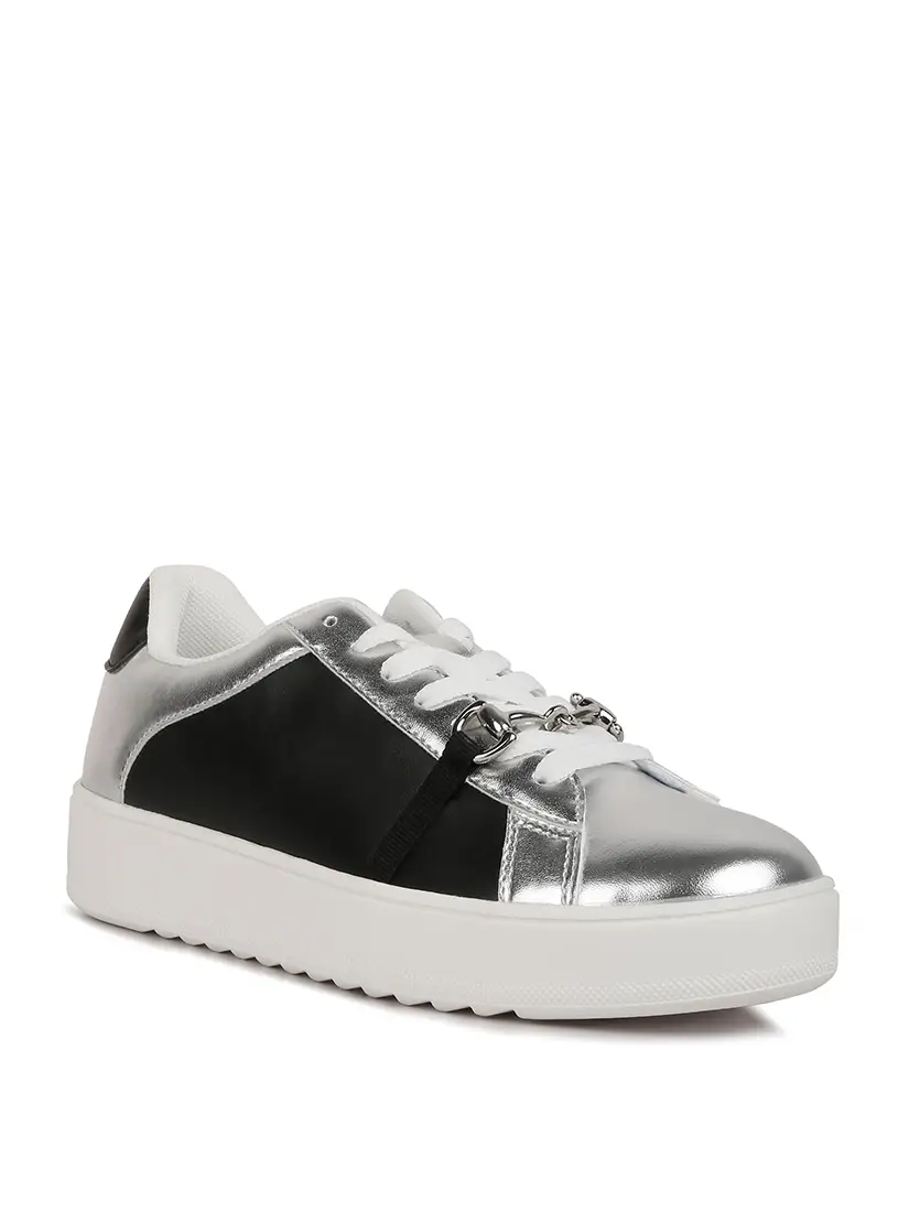 Jet Black Metallic Silver Horsebit Sneakers-250 Shoes-RagCompany-Coastal Bloom Boutique, find the trendiest versions of the popular styles and looks Located in Indialantic, FL