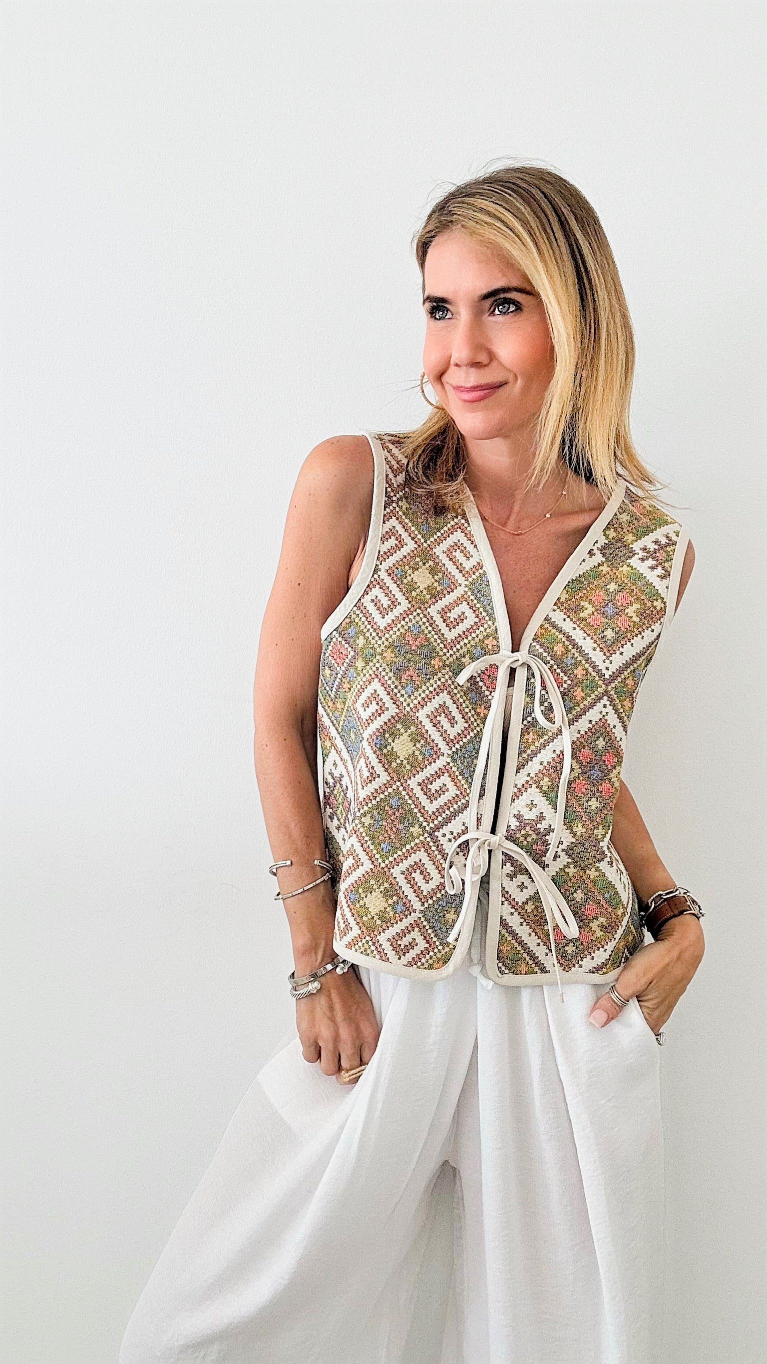 Folk Printed Tie Front Vest-100 Sleeveless Tops-Anniewear-Coastal Bloom Boutique, find the trendiest versions of the popular styles and looks Located in Indialantic, FL