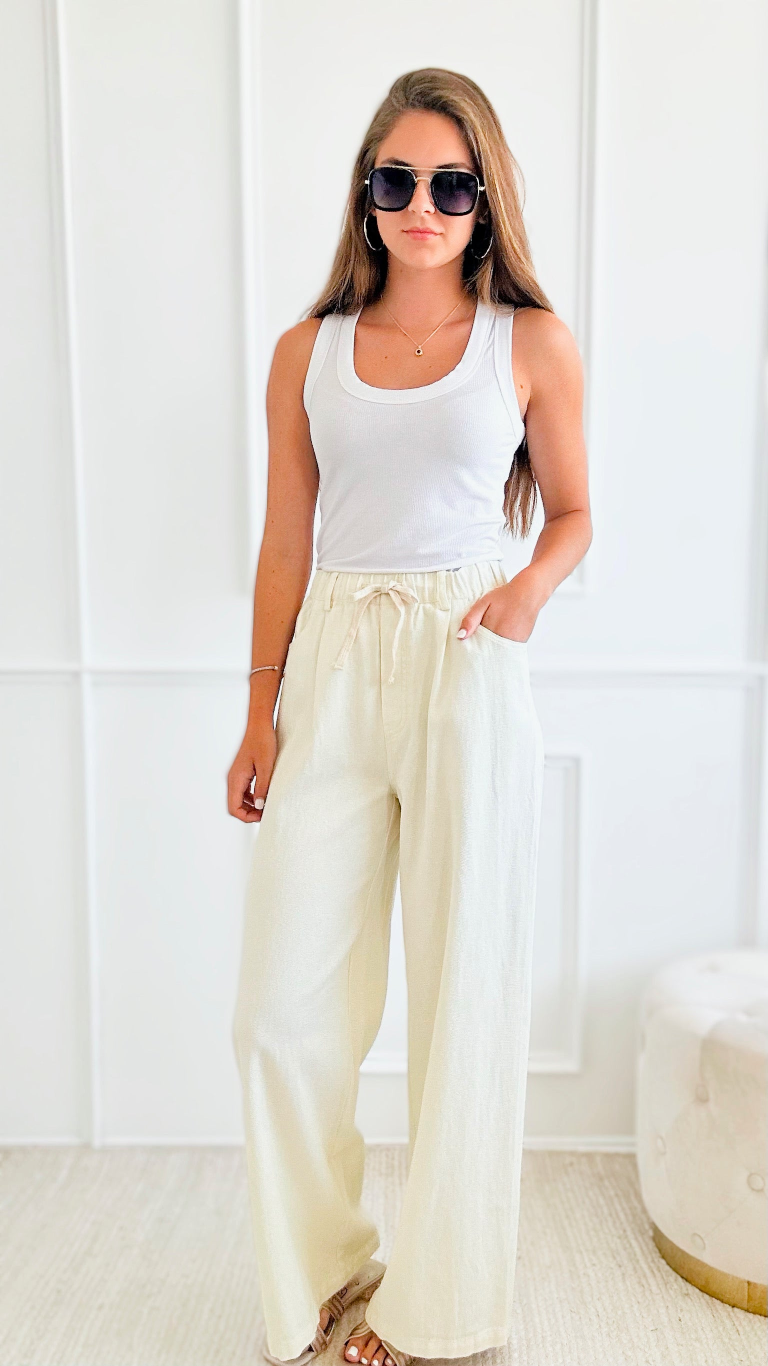 Drawstring Waist Relaxed Pants - Ivory-170 Bottoms-Gigio-Coastal Bloom Boutique, find the trendiest versions of the popular styles and looks Located in Indialantic, FL