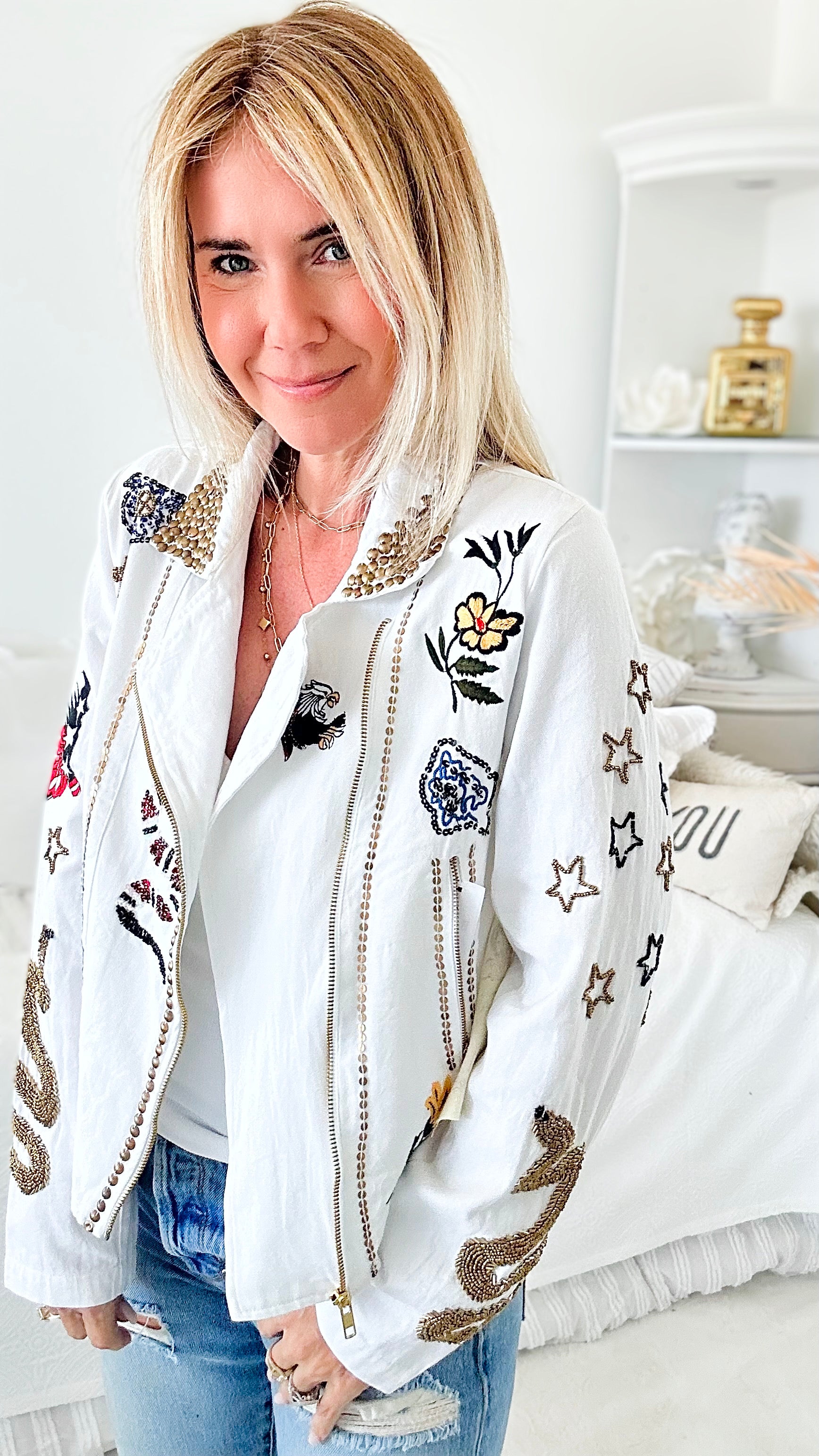 A Work of Art Zip Jacket - White-160 Jackets-Aratta-Coastal Bloom Boutique, find the trendiest versions of the popular styles and looks Located in Indialantic, FL