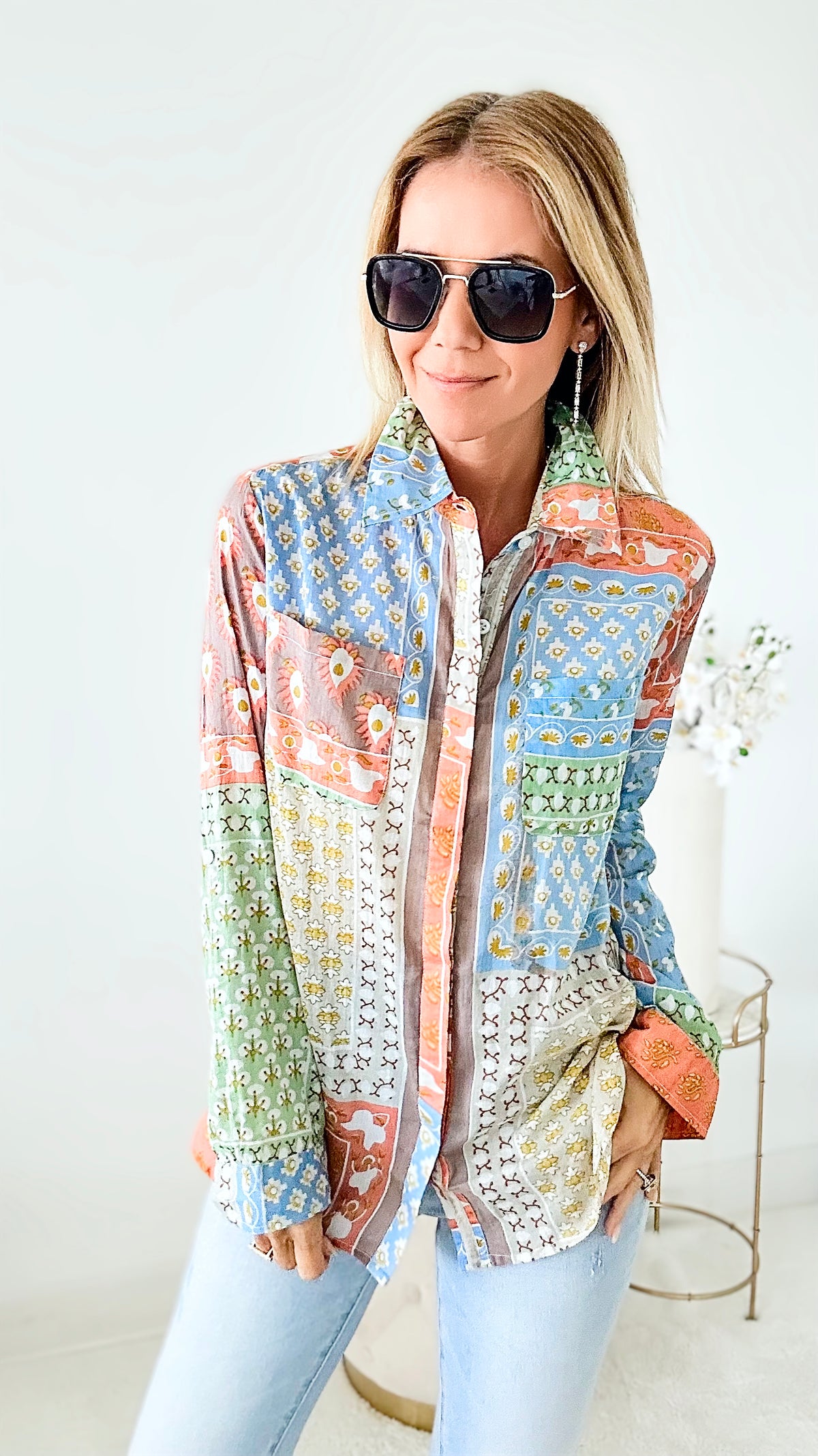 Tuscan Table Patchwork Button Up Top-130 Long Sleeve Tops-Magazine-Coastal Bloom Boutique, find the trendiest versions of the popular styles and looks Located in Indialantic, FL