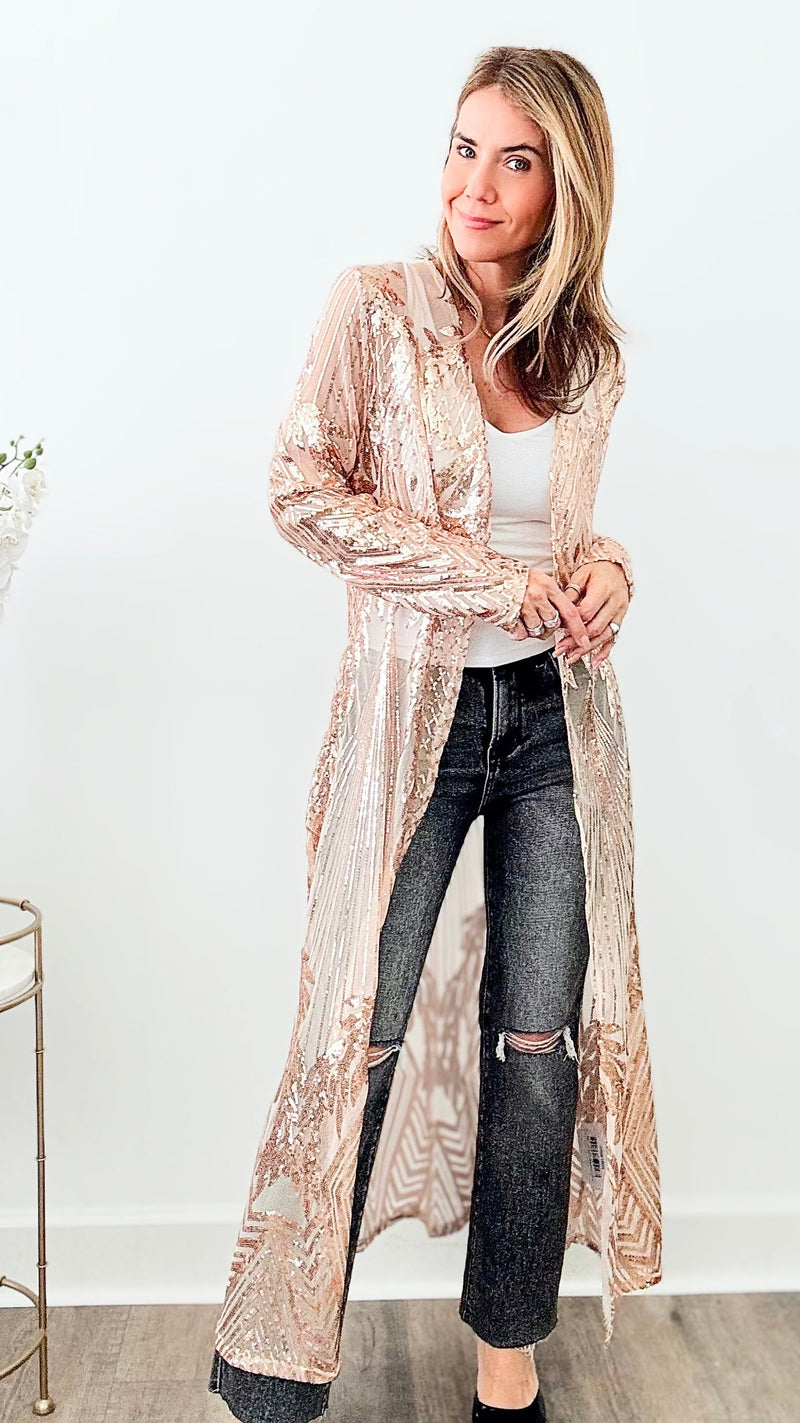 Sequin Leaves Pattern Long Kimono - Rose Gold-150 Cardigans/Layers-Wona Trading-Coastal Bloom Boutique, find the trendiest versions of the popular styles and looks Located in Indialantic, FL