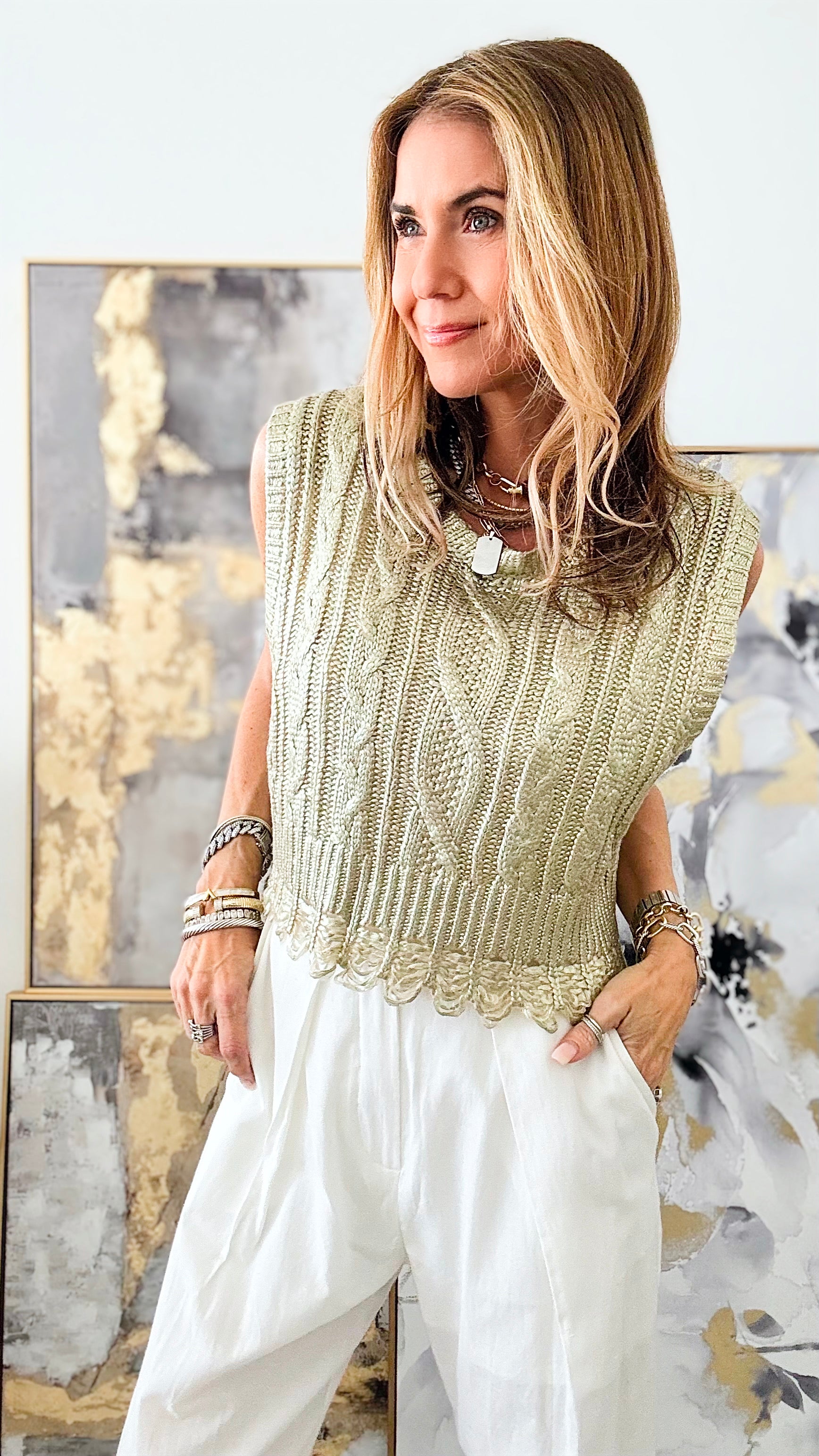 Coated Metallic Cable Knit Vest - Ecru /Gold-100 Sleeveless Tops-Edit By Nine-Coastal Bloom Boutique, find the trendiest versions of the popular styles and looks Located in Indialantic, FL
