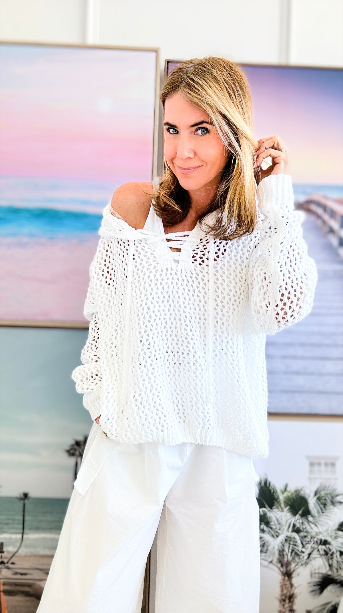 Hoodie Cable Knit Oversized Sweater - White-140 Sweaters-Miracle-Coastal Bloom Boutique, find the trendiest versions of the popular styles and looks Located in Indialantic, FL