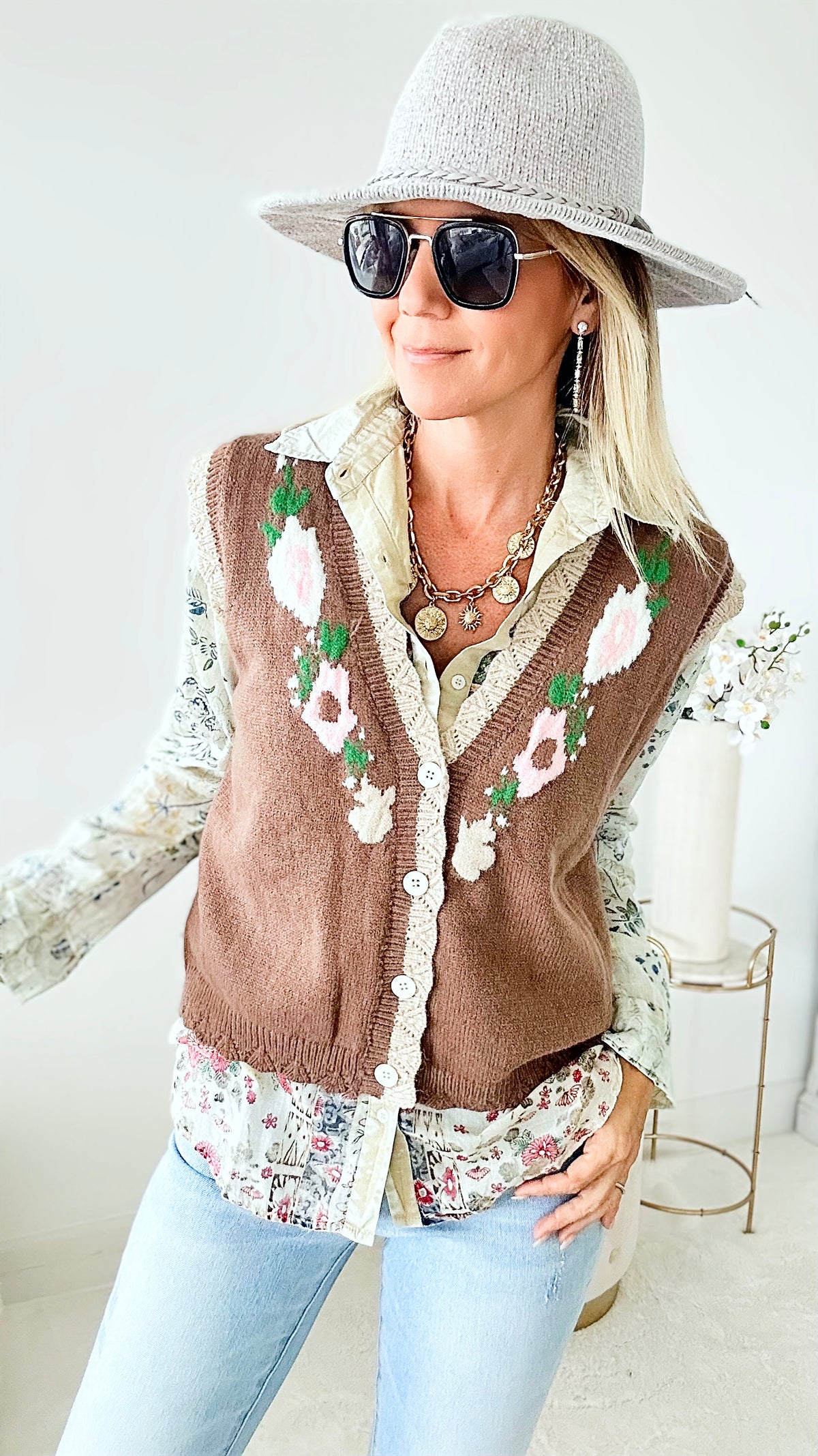 Flower Knit Sweater Vest- Chocolate-140 Sweaters-pol-Coastal Bloom Boutique, find the trendiest versions of the popular styles and looks Located in Indialantic, FL