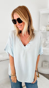 One Fine Day Italian V Neck Top - Powder Blue-110 Short Sleeve Tops-Yolly-Coastal Bloom Boutique, find the trendiest versions of the popular styles and looks Located in Indialantic, FL