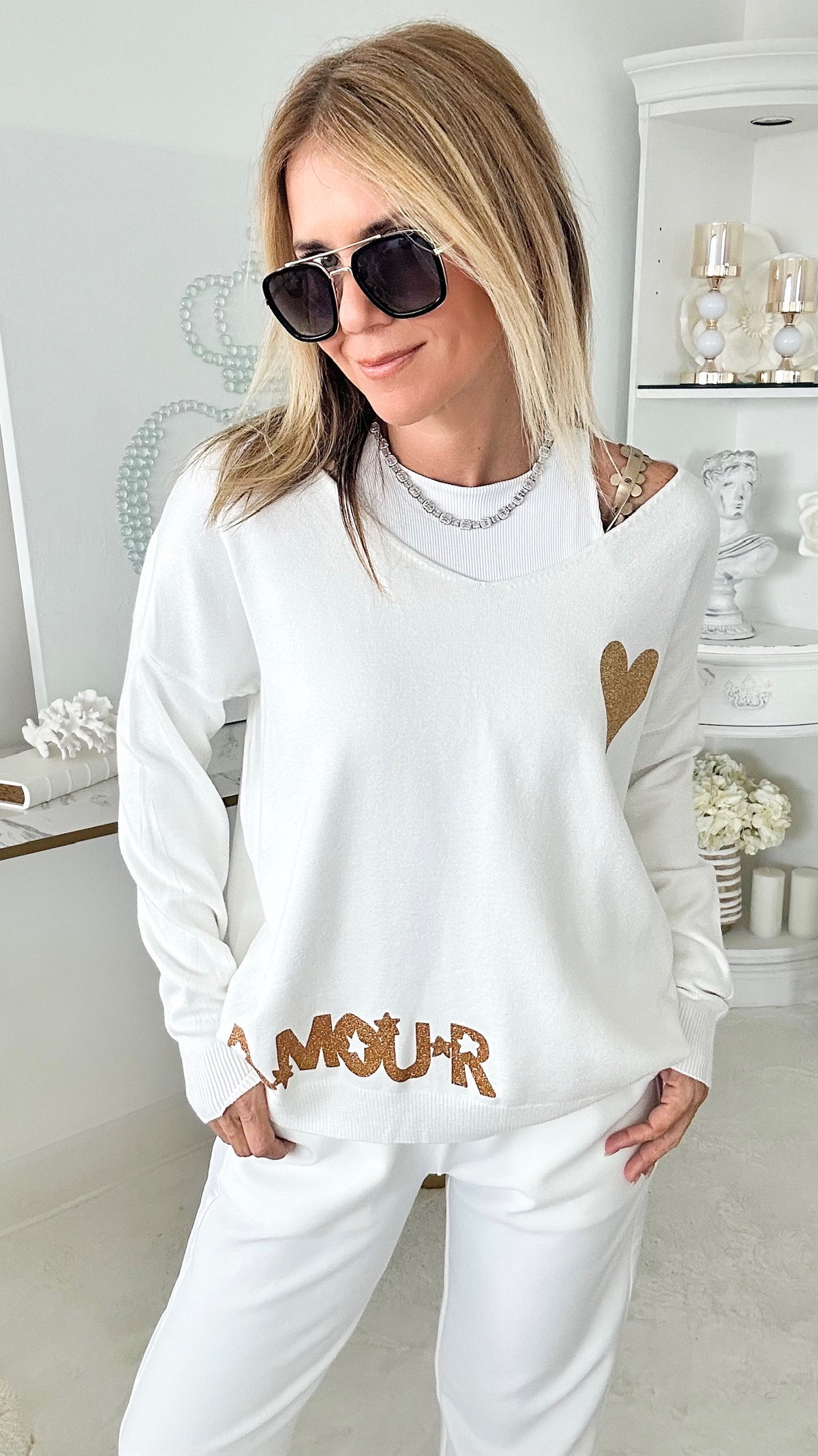 Amour Heart & Stars Knit Sweater - White-140 Sweaters-Venti6-Coastal Bloom Boutique, find the trendiest versions of the popular styles and looks Located in Indialantic, FL