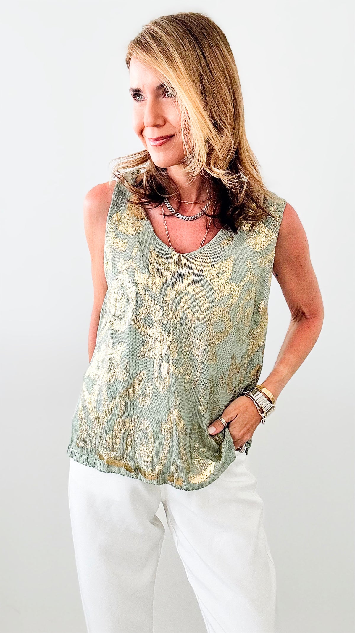 Gold Foil Italian Tank Top - Sage-100 Sleeveless Tops-moda italia-Coastal Bloom Boutique, find the trendiest versions of the popular styles and looks Located in Indialantic, FL
