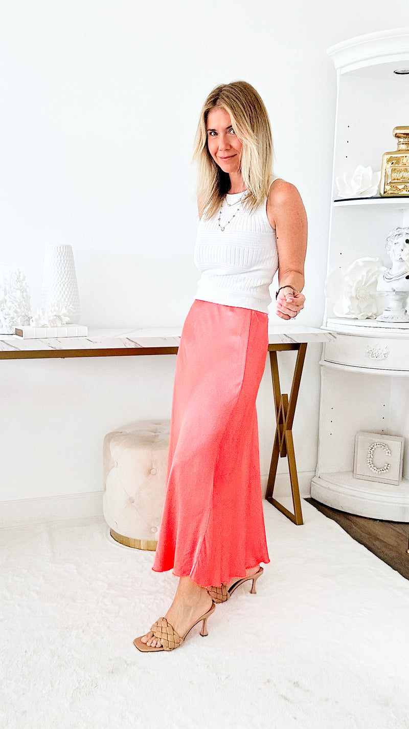 Brooklyn Italian Satin Midi Skirt - Coral-170 Bottoms-Yolly-Coastal Bloom Boutique, find the trendiest versions of the popular styles and looks Located in Indialantic, FL
