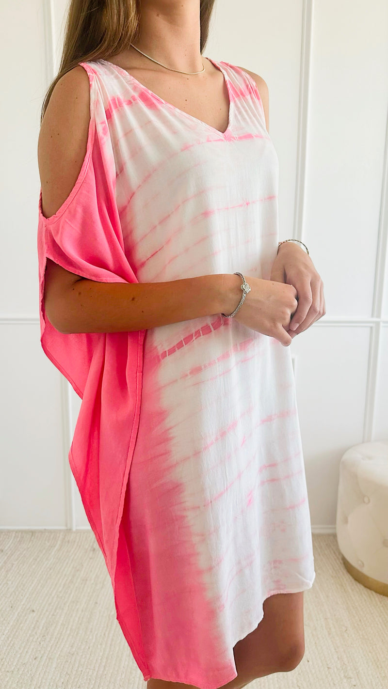 Tie Dye Woven Dress - Pink-110 Short Sleeve Tops-Chatoyant-Coastal Bloom Boutique, find the trendiest versions of the popular styles and looks Located in Indialantic, FL